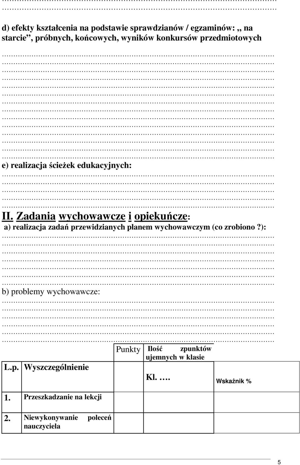 Zadania wychowawcze i opiekuńcze: a) realizacja zadań przewidzianych planem wychowawczym (co zrobiono?