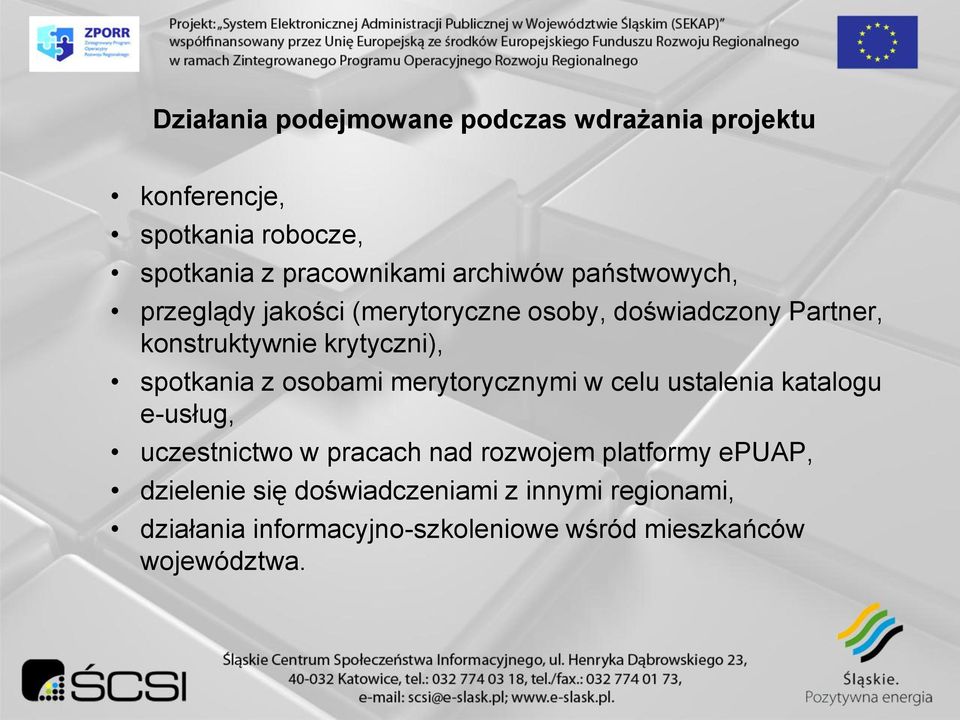 spotkania z osobami merytorycznymi w celu ustalenia katalogu e-usług, uczestnictwo w pracach nad rozwojem