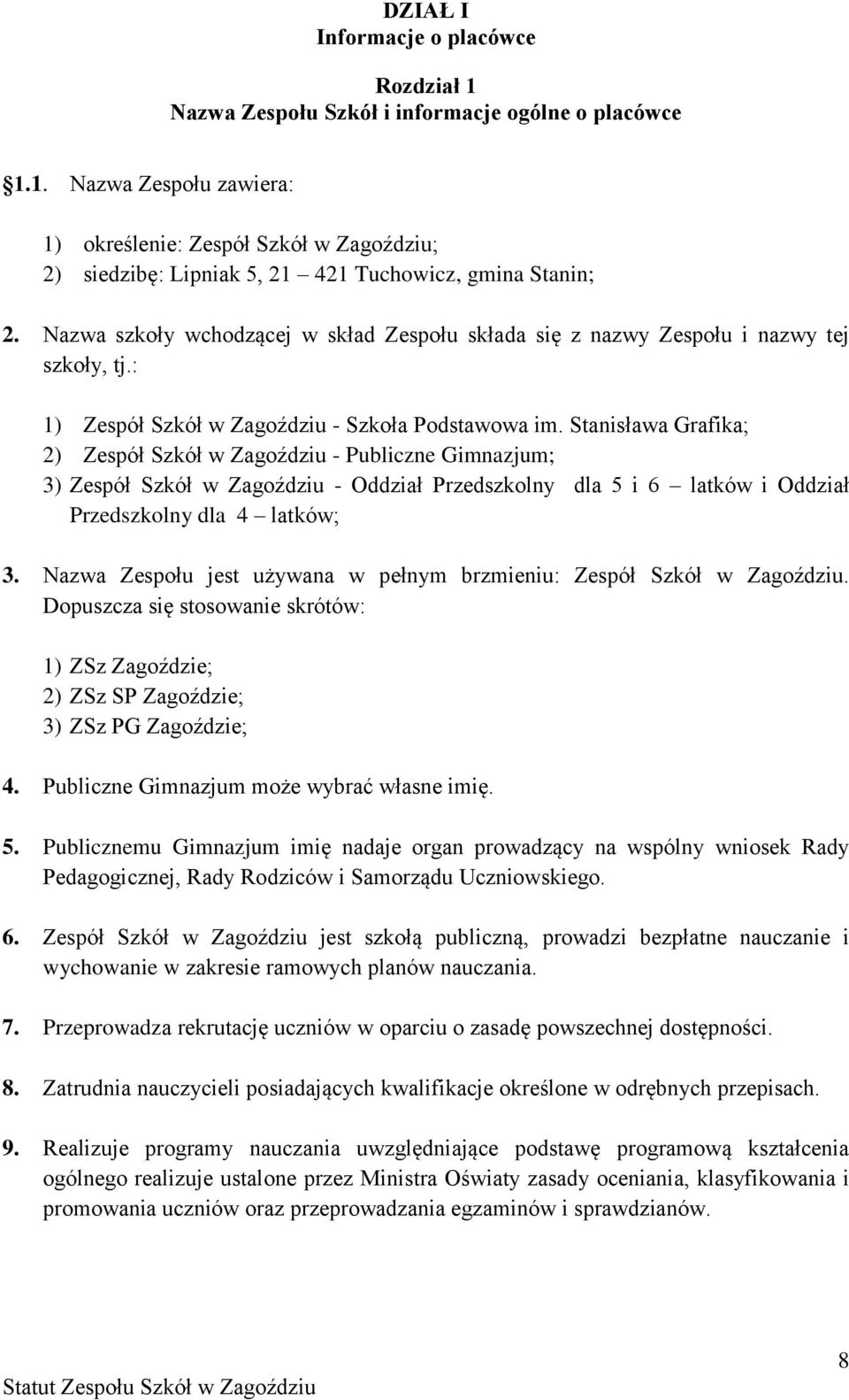 Stanisława Grafika; 2) Zespół Szkół w Zagoździu - Publiczne Gimnazjum; 3) Zespół Szkół w Zagoździu - Oddział Przedszkolny dla 5 i 6 latków i Oddział Przedszkolny dla 4 latków; 3.