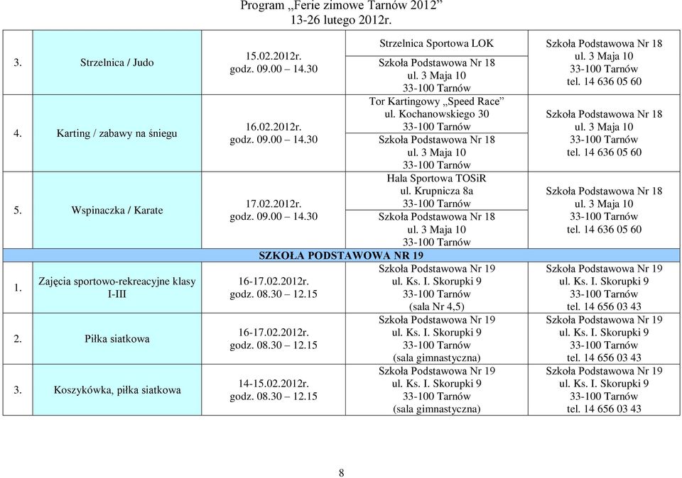 3 Maja 10 Szkoła Podstawowa Nr 18 ul. 3 Maja 10 tel. 14 636 05 60 Tor Kartingowy Speed Race ul. Kochanowskiego 30 Szkoła Podstawowa Nr 18 ul. 3 Maja 10 Hala Sportowa TOSiR ul.