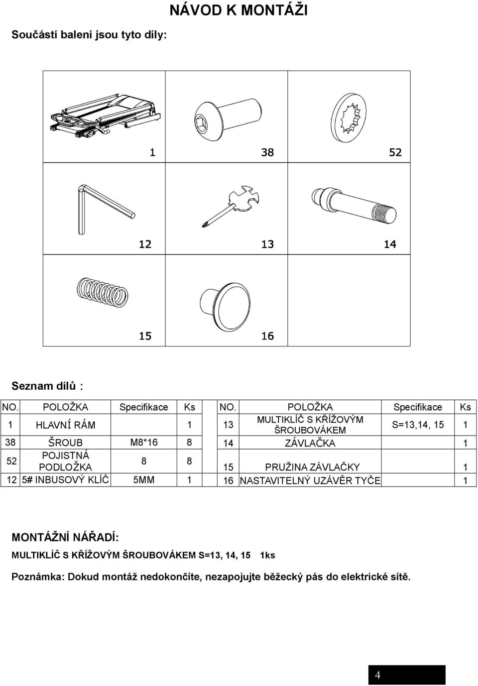 ZÁVLAČKA 1 POJISTNÁ 52 8 8 PODLOŽKA 15 PRUŽINA ZÁVLAČKY 1 12 5# INBUSOVÝ KLÍČ 5MM 1 16 NASTAVITELNÝ UZÁVĚR TYČE 1