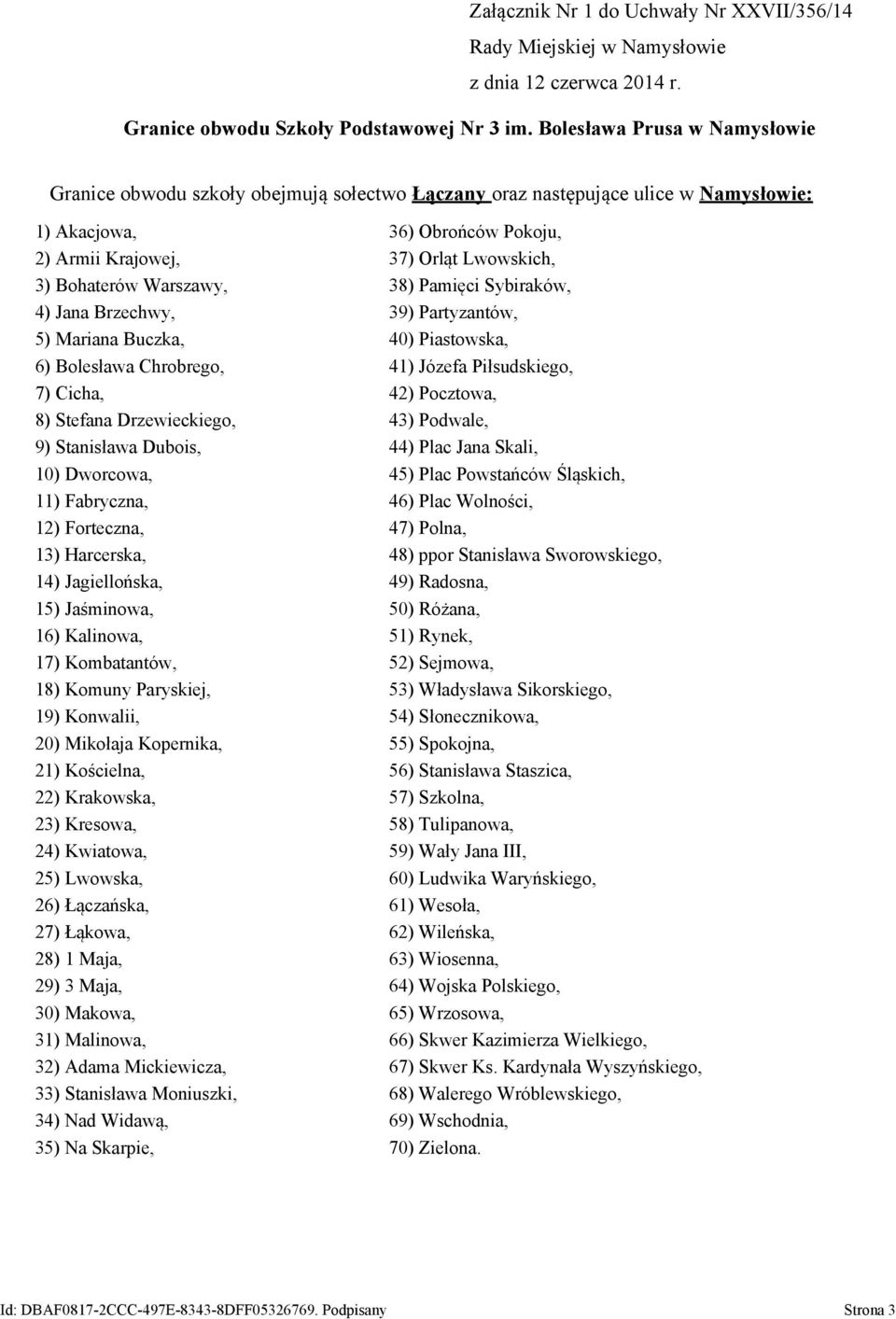 Bohaterów Warszawy, 38) Pamięci Sybiraków, 4) Jana Brzechwy, 39) Partyzantów, 5) Mariana Buczka, 40) Piastowska, 6) Bolesława Chrobrego, 41) Józefa Piłsudskiego, 7) Cicha, 42) Pocztowa, 8) Stefana