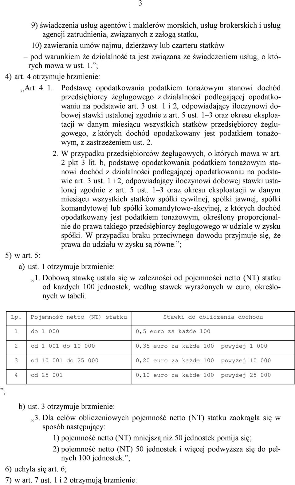 ; 4) art. 4 otrzymuje brzmienie: Art. 4. 1. Podstawę opodatkowania podatkiem tonażowym stanowi dochód przedsiębiorcy żeglugowego z działalności podlegającej opodatkowaniu na podstawie art. 3 ust.