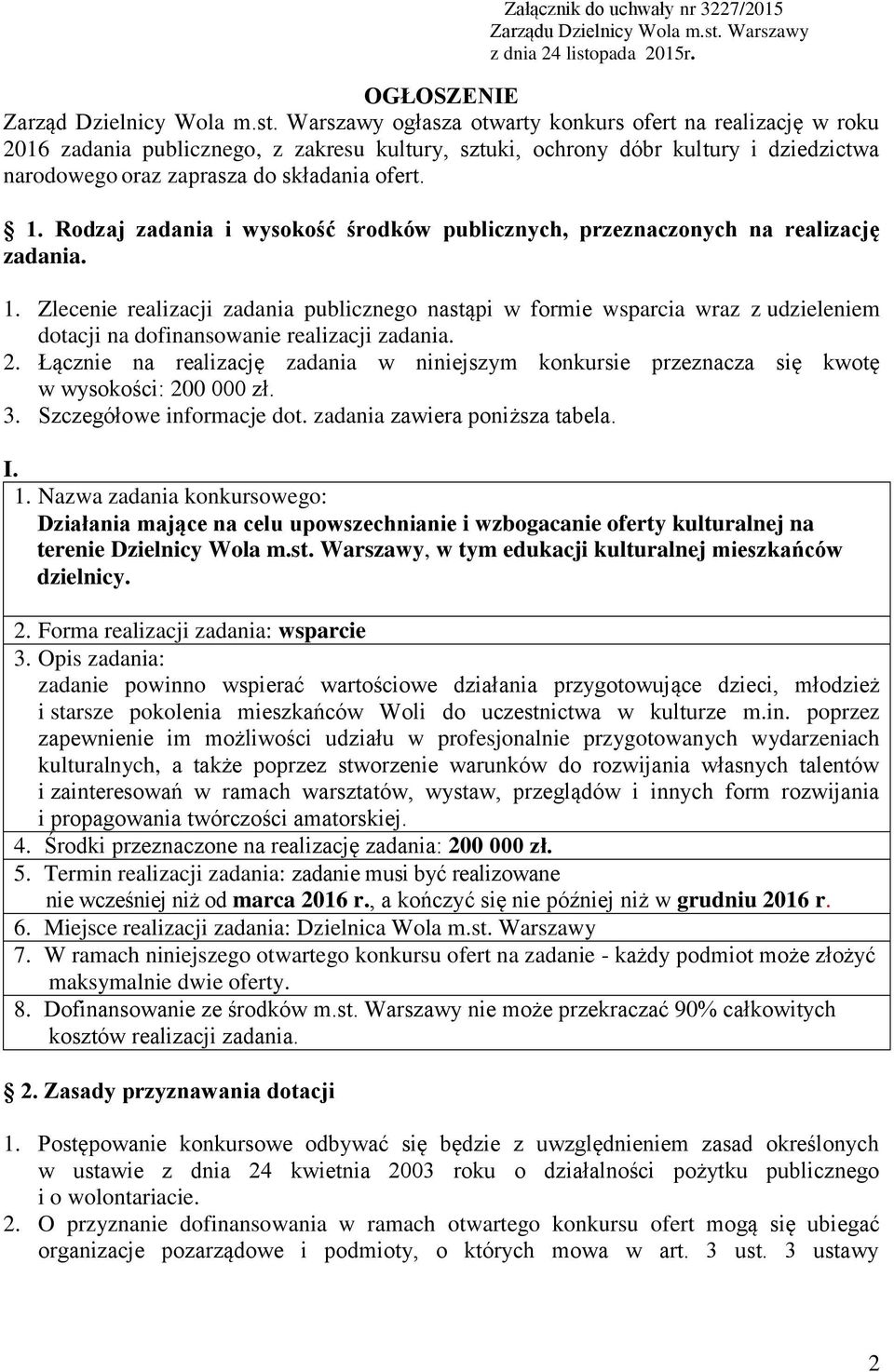pada 2015r. OGŁOSZENIE Zarząd Dzielnicy Wola m.st.