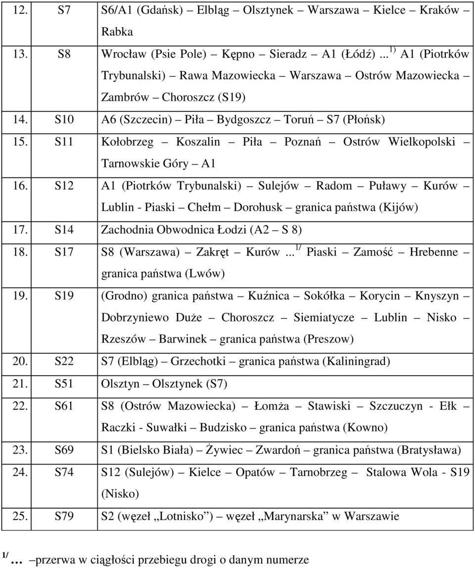 S11 Kołobrzeg Koszalin Piła Poznań Ostrów Wielkopolski Tarnowskie Góry A1 16. S12 A1 (Piotrków Trybunalski) Sulejów Radom Puławy Kurów Lublin - Piaski Chełm Dorohusk granica państwa (Kijów) 17.