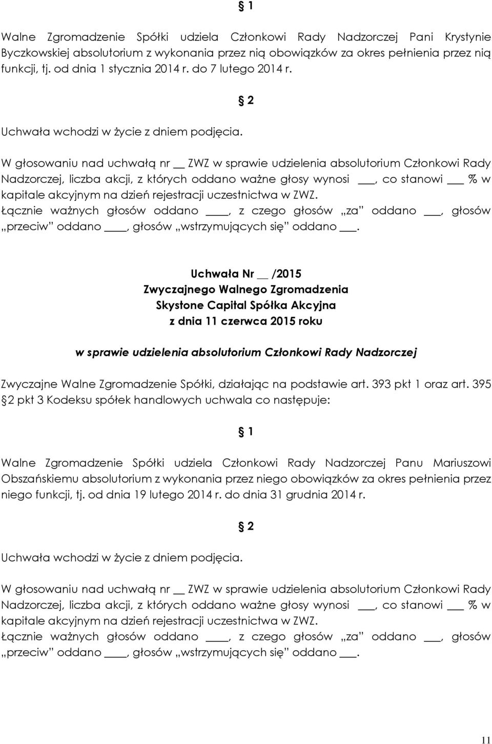 Walne Zgromadzenie Spółki udziela Członkowi Rady Nadzorczej Panu Mariuszowi Obszańskiemu absolutorium z wykonania