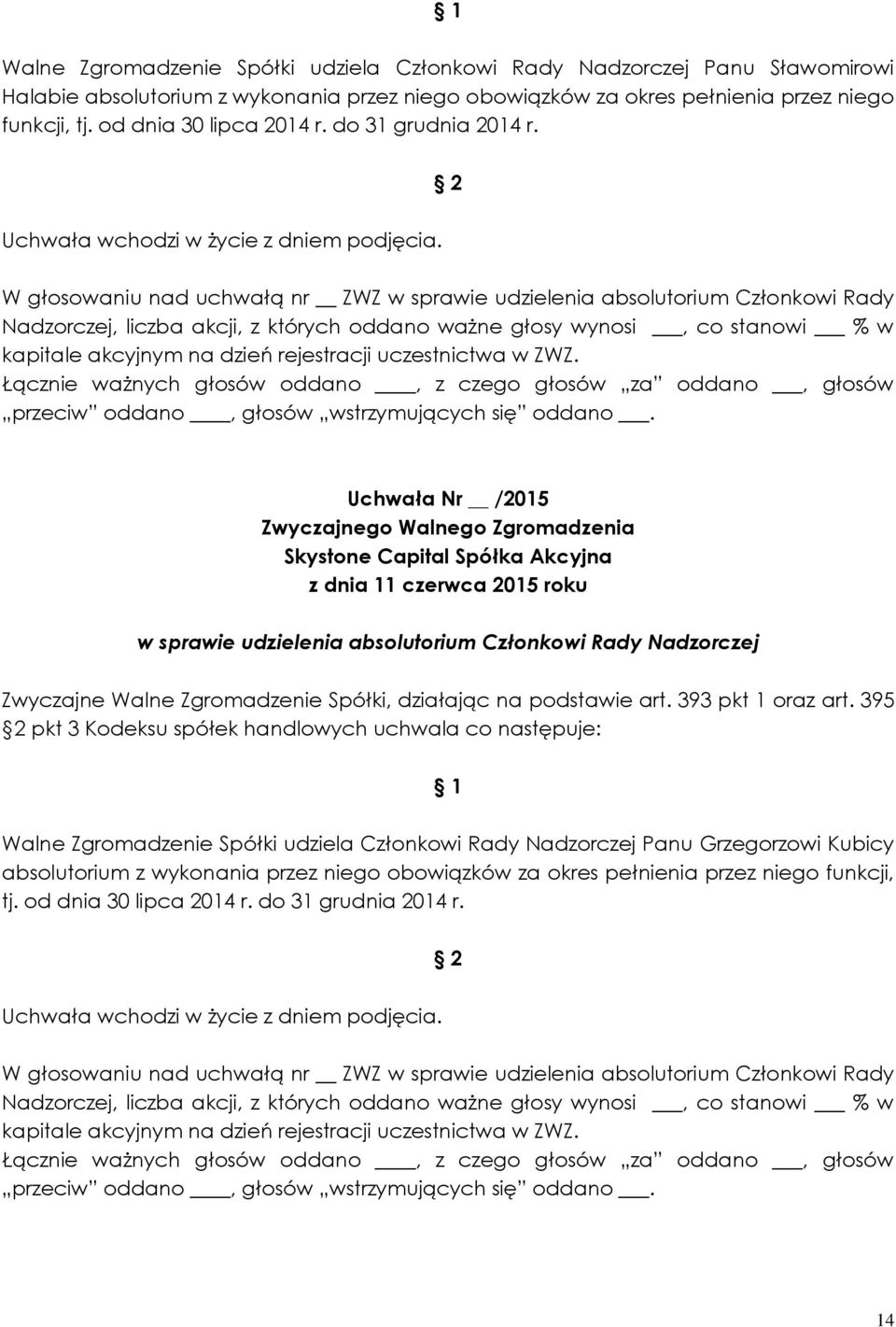 Walne Zgromadzenie Spółki udziela Członkowi Rady Nadzorczej Panu Grzegorzowi Kubicy absolutorium z wykonania  14