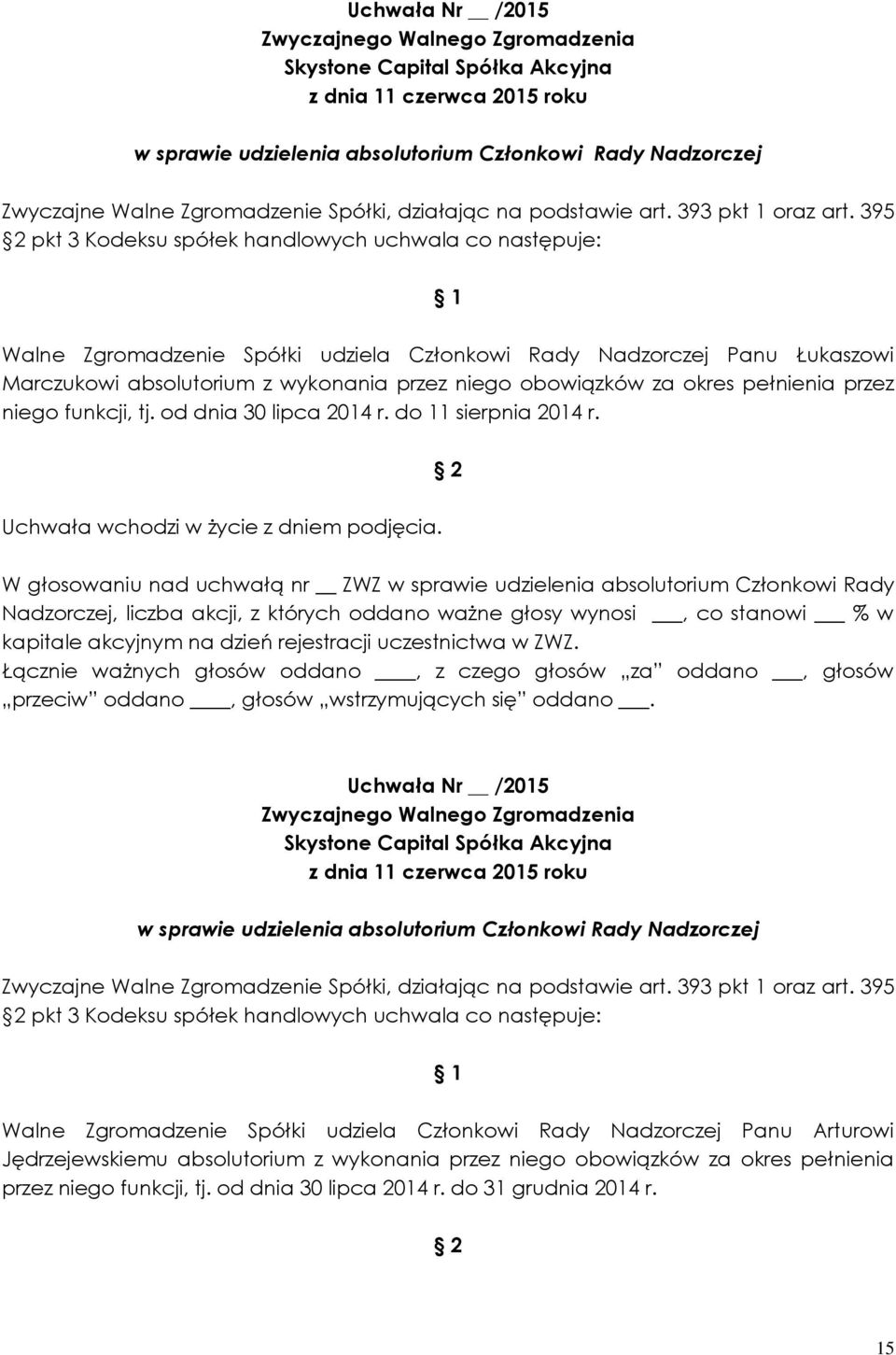 Walne Zgromadzenie Spółki udziela Członkowi Rady Nadzorczej Panu Arturowi Jędrzejewskiemu absolutorium z wykonania