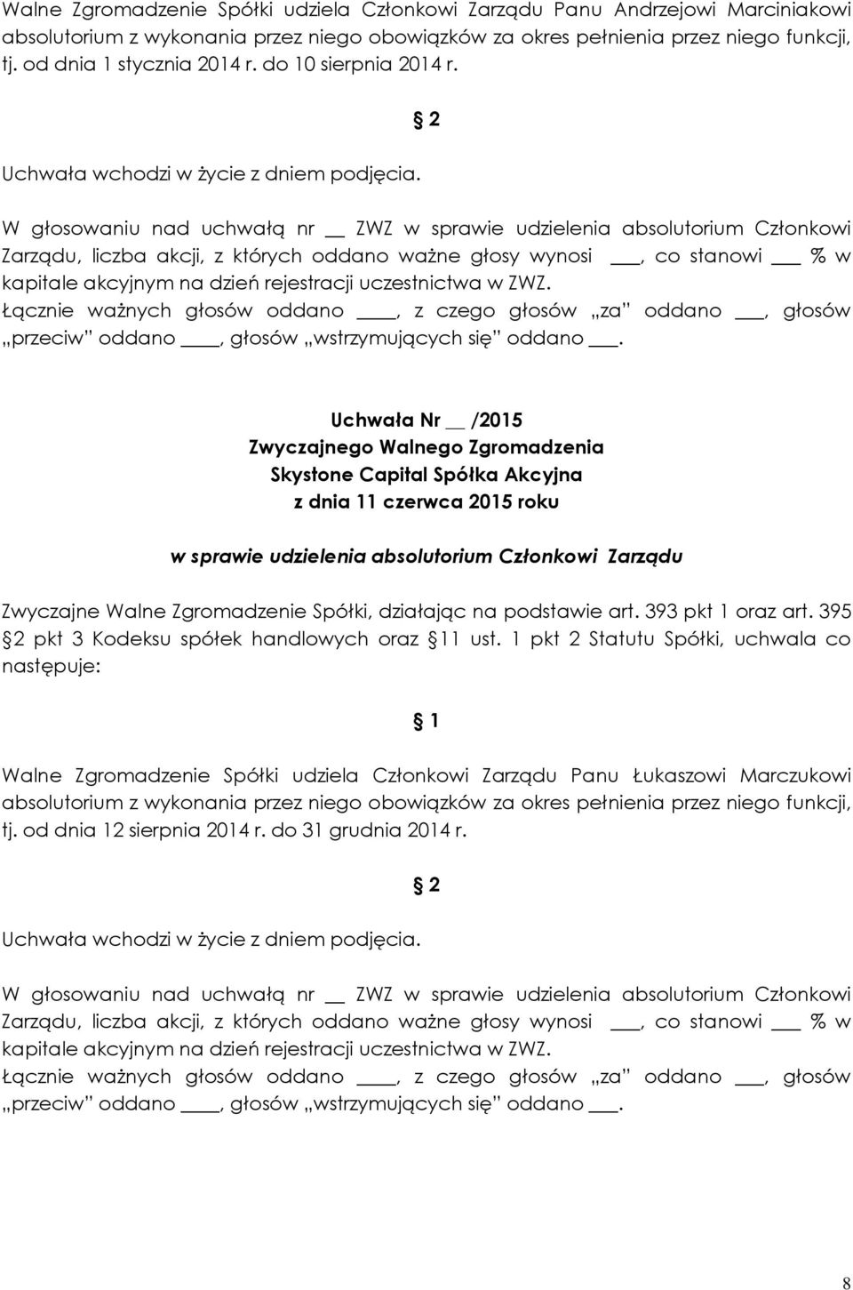 W głosowaniu nad uchwałą nr ZWZ w sprawie udzielenia absolutorium Członkowi Zarządu, liczba akcji, z których oddano ważne głosy wynosi, co stanowi % w w sprawie udzielenia absolutorium Członkowi