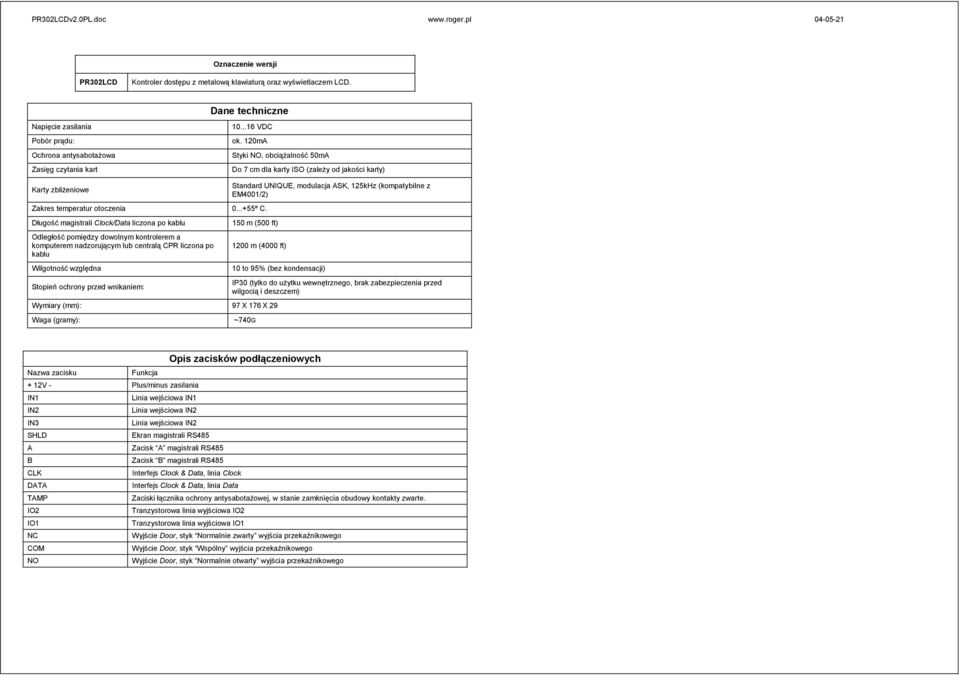 Długość magistrali Clock/Data liczona po kablu Odległość pomiędzy dowolnym kontrolerem a komputerem nadzorującym lub centralą CPR liczona po kablu Wilgotność względna Stopień ochrony przed wnikaniem: