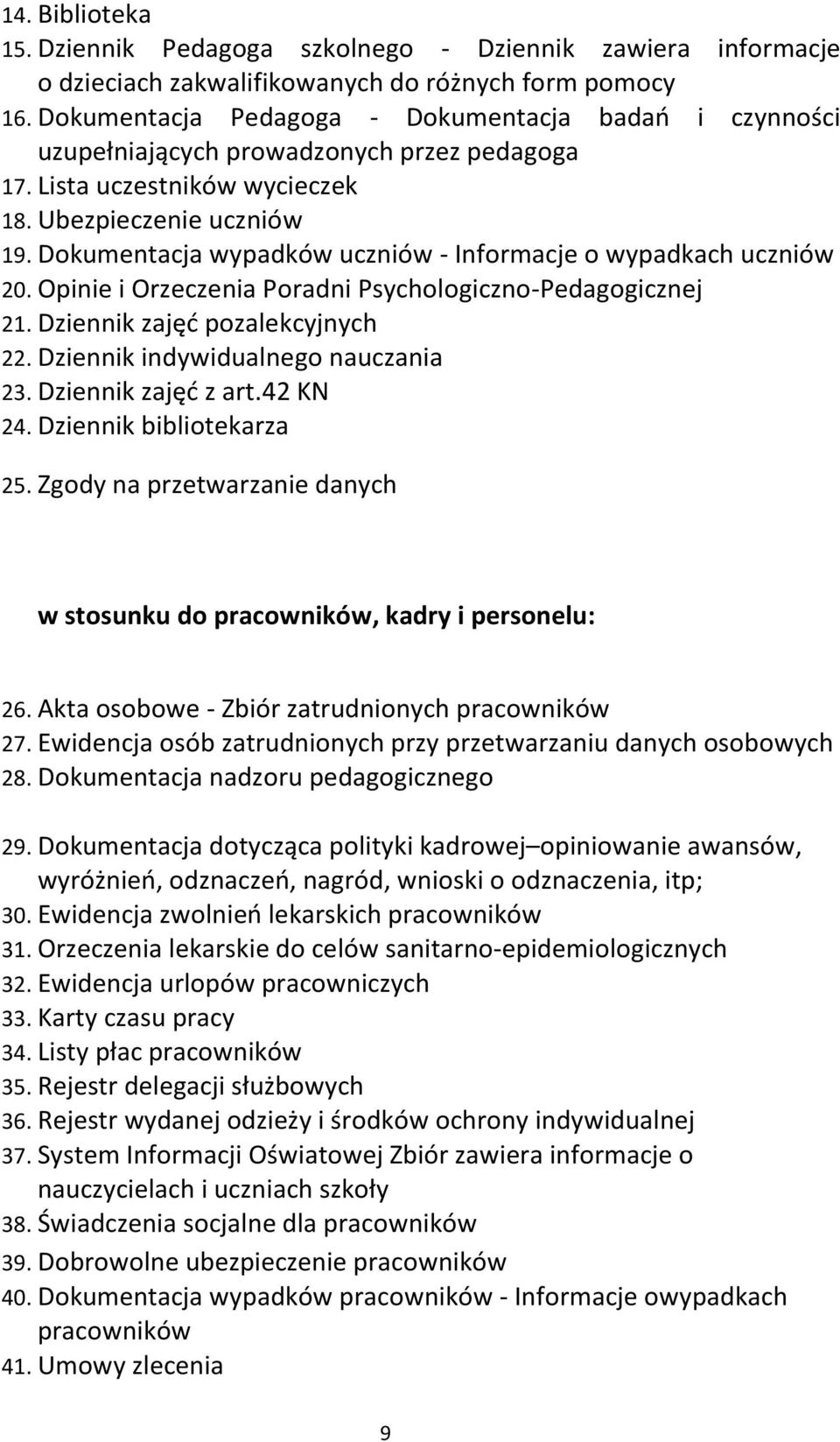 Dokumentacja wypadków uczniów - Informacje o wypadkach uczniów 20. Opinie i Orzeczenia Poradni Psychologiczno-Pedagogicznej 21. Dziennik zajęć pozalekcyjnych 22. Dziennik indywidualnego nauczania 23.