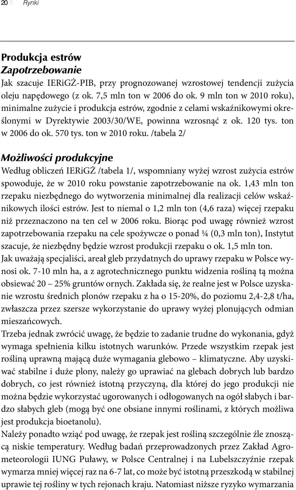 ton w 2010 roku. /tabela 2/ Możliwości produkcyjne Według obliczeń IERiGŻ /tabela 1/, wspomniany wyżej wzrost zużycia estrów spowoduje, że w 2010 roku powstanie zapotrzebowanie na ok.