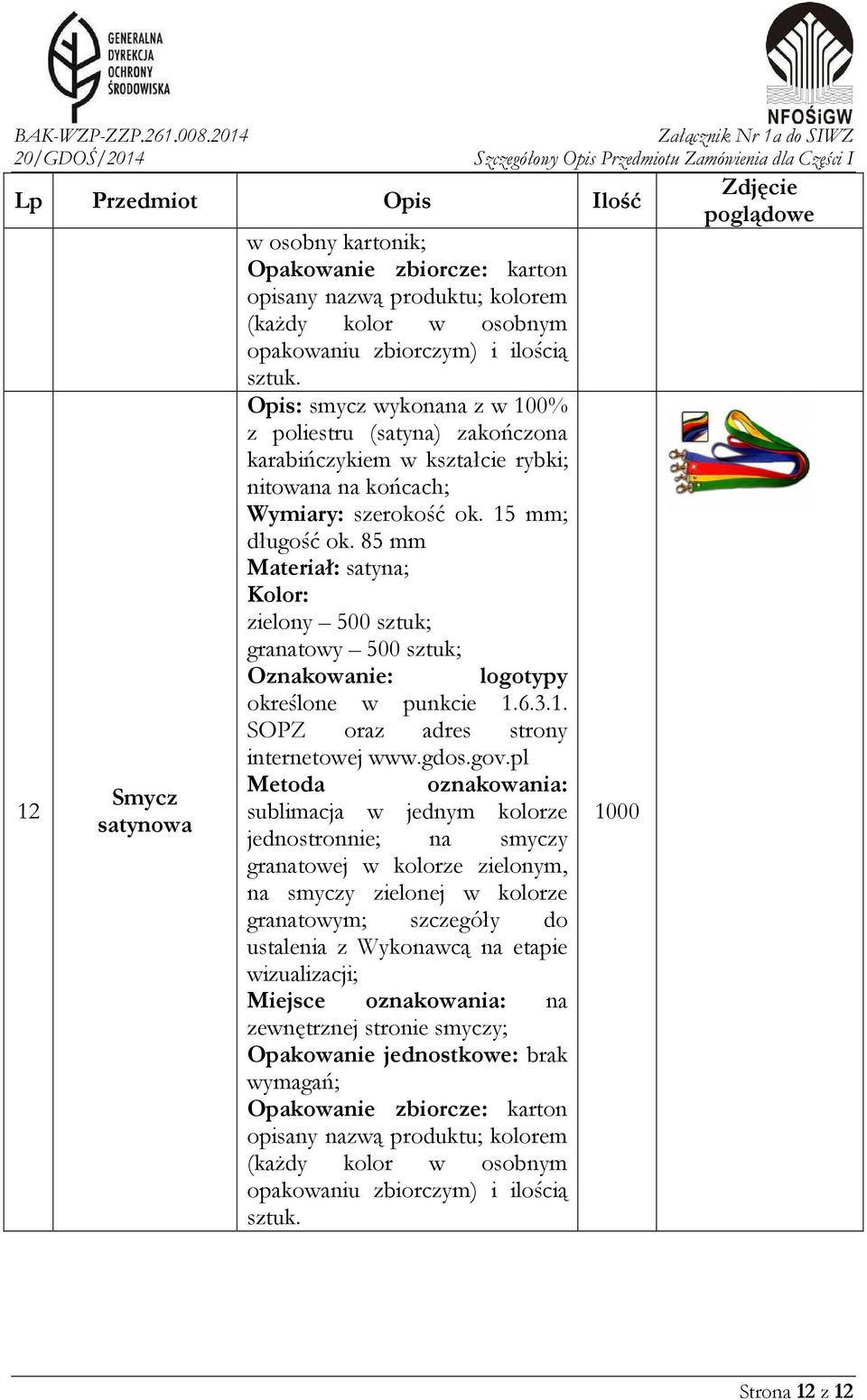 85 mm Materiał: satyna; Kolor: zielony 500 sztuk; granatowy 500 sztuk; Oznakowanie: logotypy określone w punkcie 1.6.3.1. SOPZ oraz adres strony internetowej www.gdos.gov.