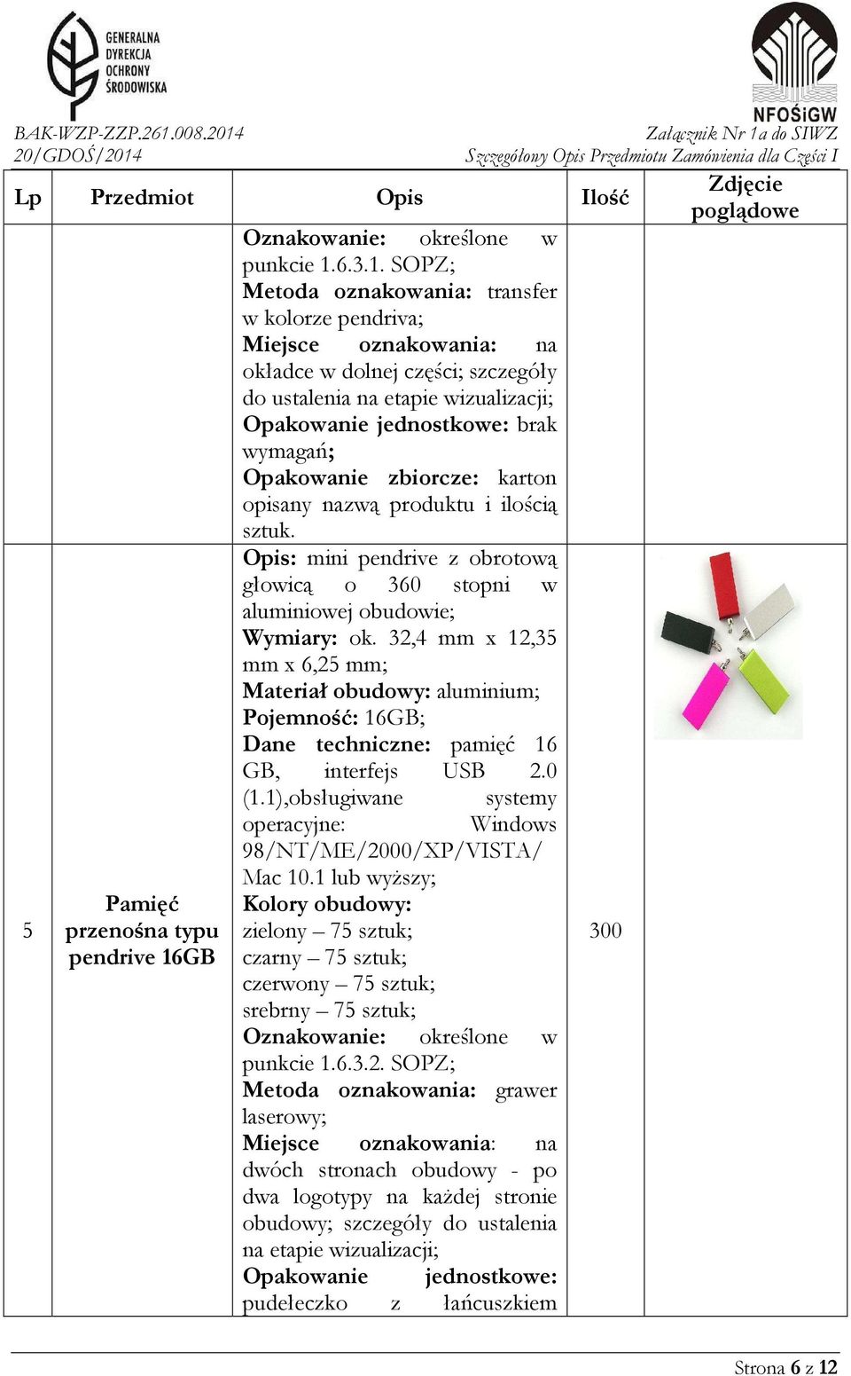 SOPZ; Metoda oznakowania: transfer w kolorze pendriva; Miejsce oznakowania: na okładce w dolnej części; szczegóły do ustalenia na etapie wizualizacji; brak wymagań; opisany nazwą produktu i ilością