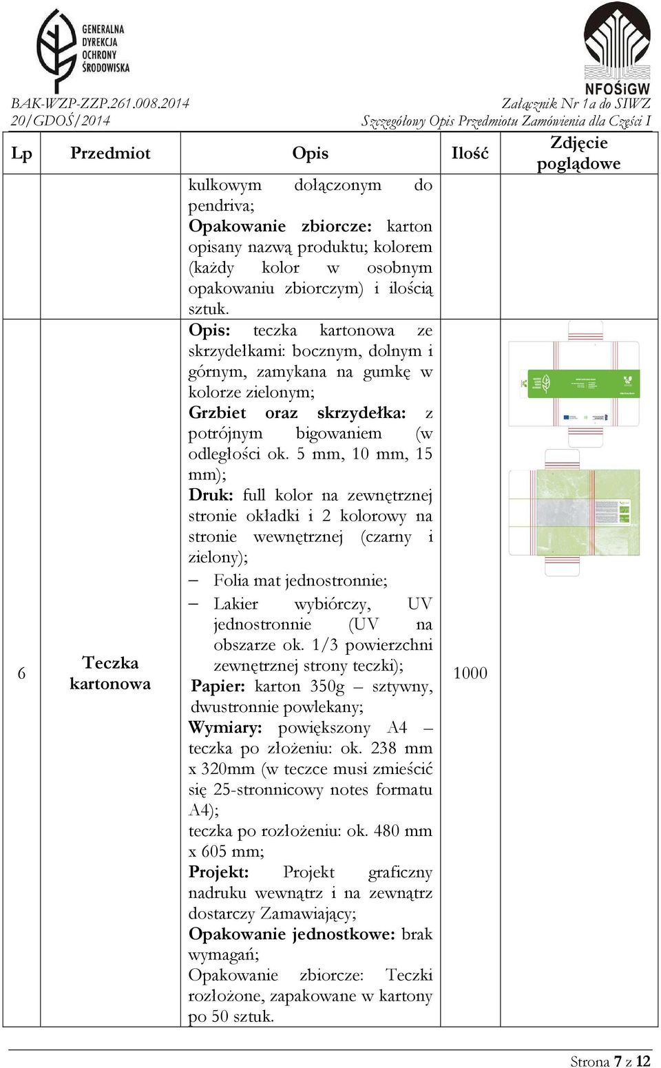 5 mm, 10 mm, 15 mm); Druk: full kolor na zewnętrznej stronie okładki i 2 kolorowy na stronie wewnętrznej (czarny i zielony); Folia mat jednostronnie; Lakier wybiórczy, UV jednostronnie (UV na