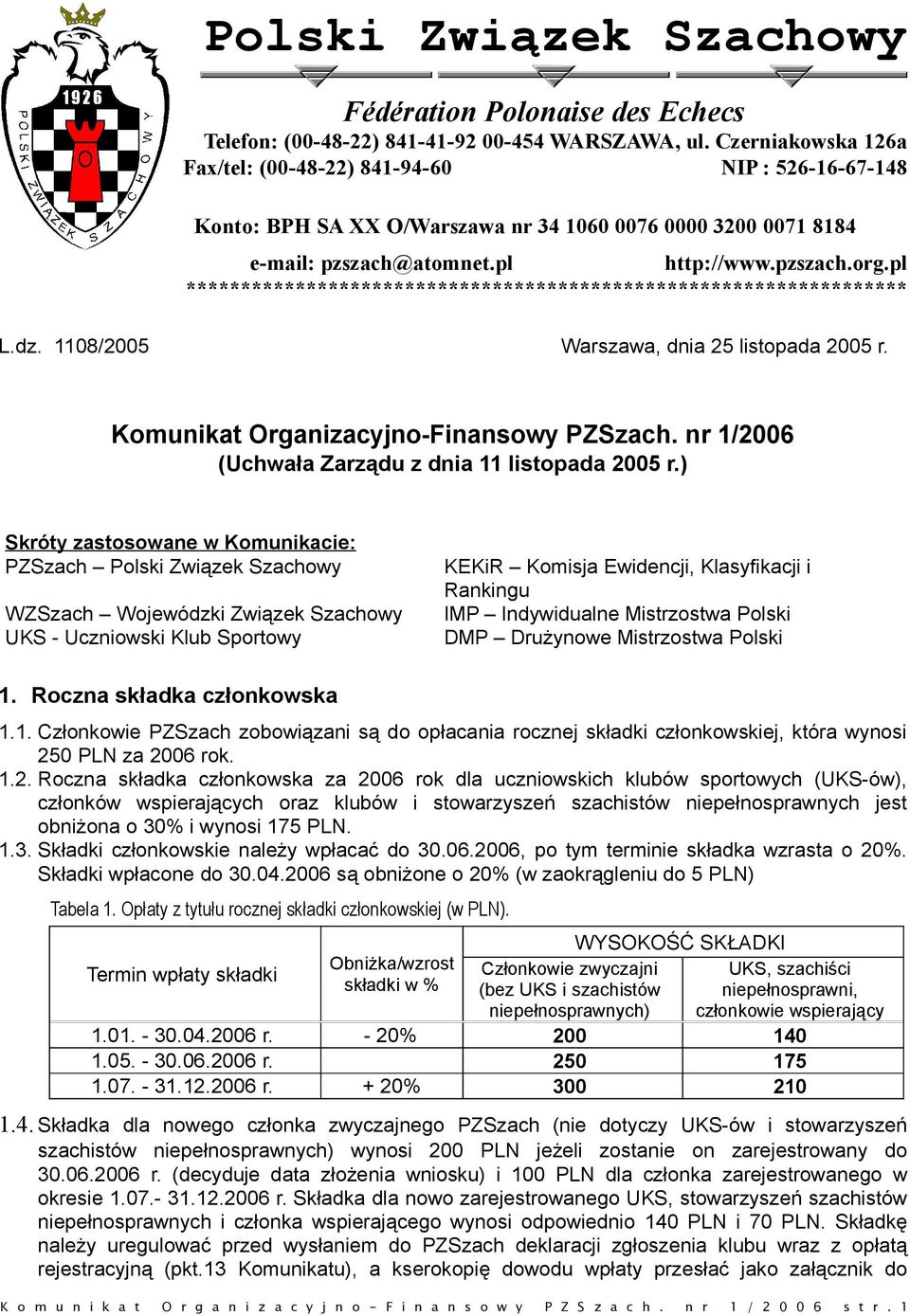 pl ****************************************************************** L.dz. 1108/2005 Warszawa, dnia 25 listopada 2005 r. Komunikat Organizacyjno-Finansowy PZSzach.