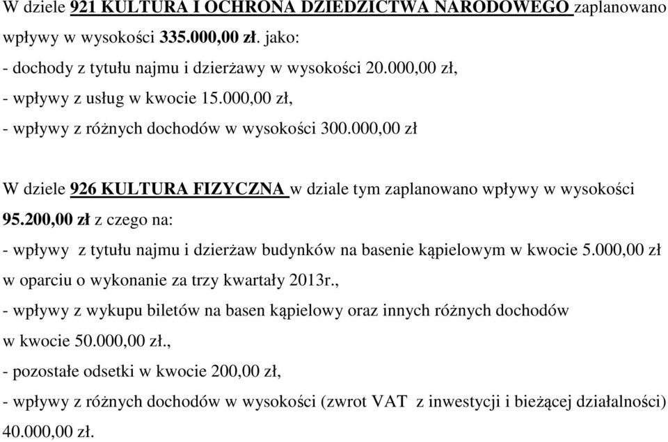 200,00 zł z czego na: - wpływy z tytułu najmu i dzierżaw budynków na basenie kąpielowym w kwocie 5.000,00 zł w oparciu o wykonanie za trzy kwartały 2013r.