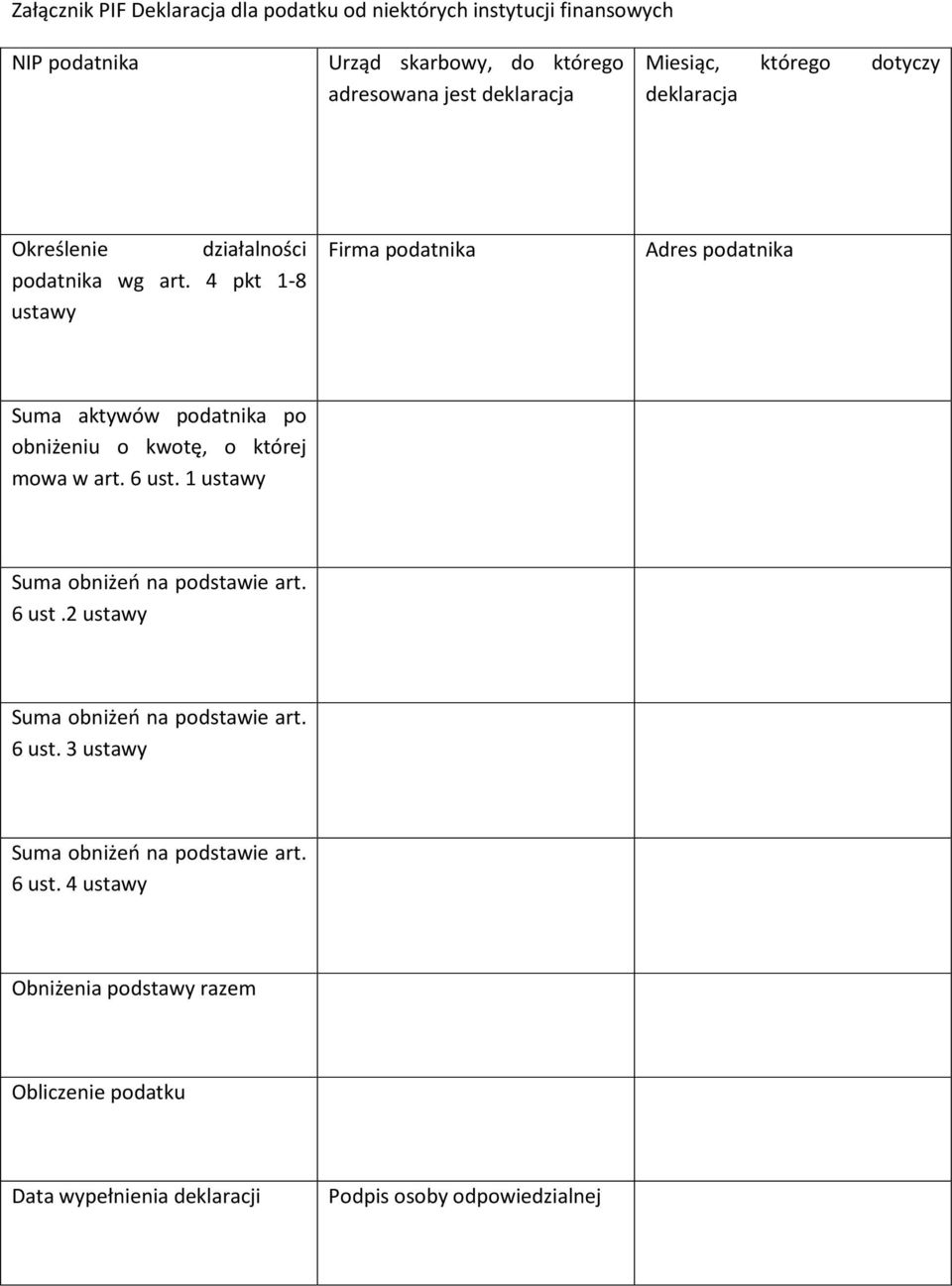 4 pkt 1-8 ustawy Firma podatnika Adres podatnika Suma aktywów podatnika po obniżeniu o kwotę, o której mowa w art. 6 ust.