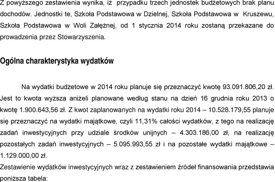 Ogólna charakterystyka wydatków Na wydatki budżetowe w 2014 roku planuje się przeznaczyć kwotę 93.091.806,20 zł.