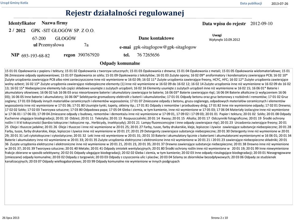 Zużyte urządzenia zawierające PCB albo nimi zanieczyszczone inne niż wymienione w 16 02 09; 16 02 11* Zużyte urządzenia zawierające freony, HCFC, HFC; 16 02 12* Zużyte urządzenia zawierające wolny