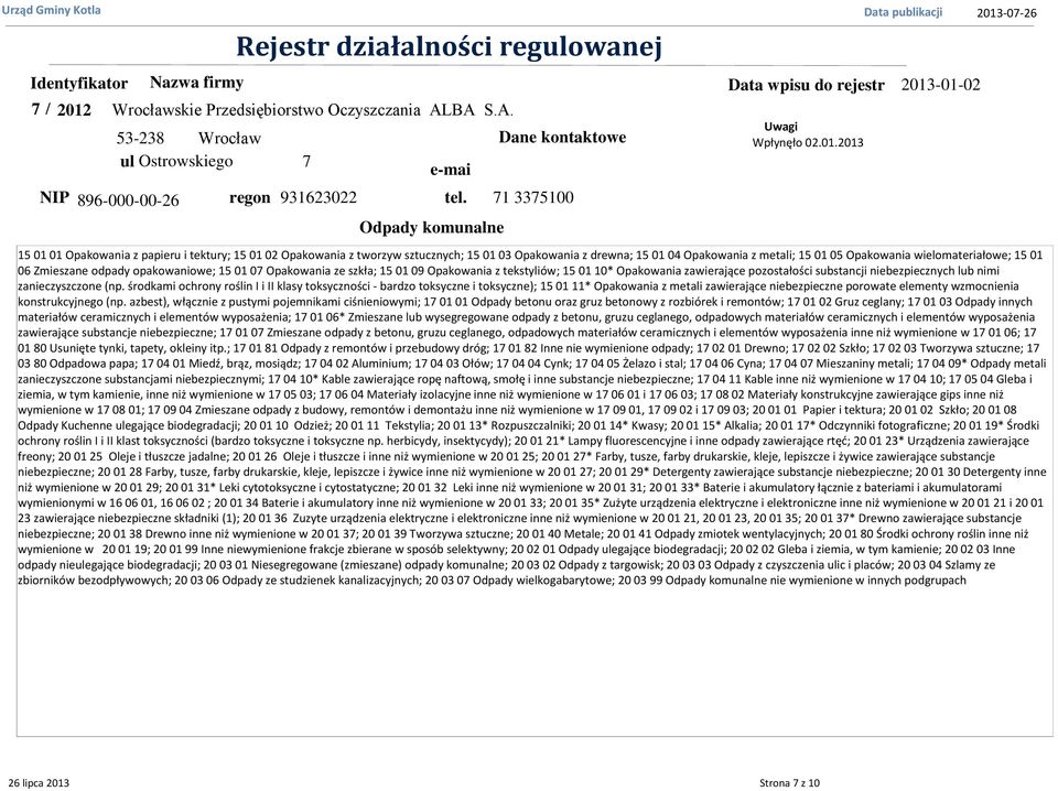 -01-02 Wpłynęło 02.01.2013 06 Zmieszane odpady opakowaniowe; 15 01 07 Opakowania ze szkła; 15 01 09 Opakowania z tekstyliów; 15 01 10* Opakowania zawierające pozostałości substancji niebezpiecznych