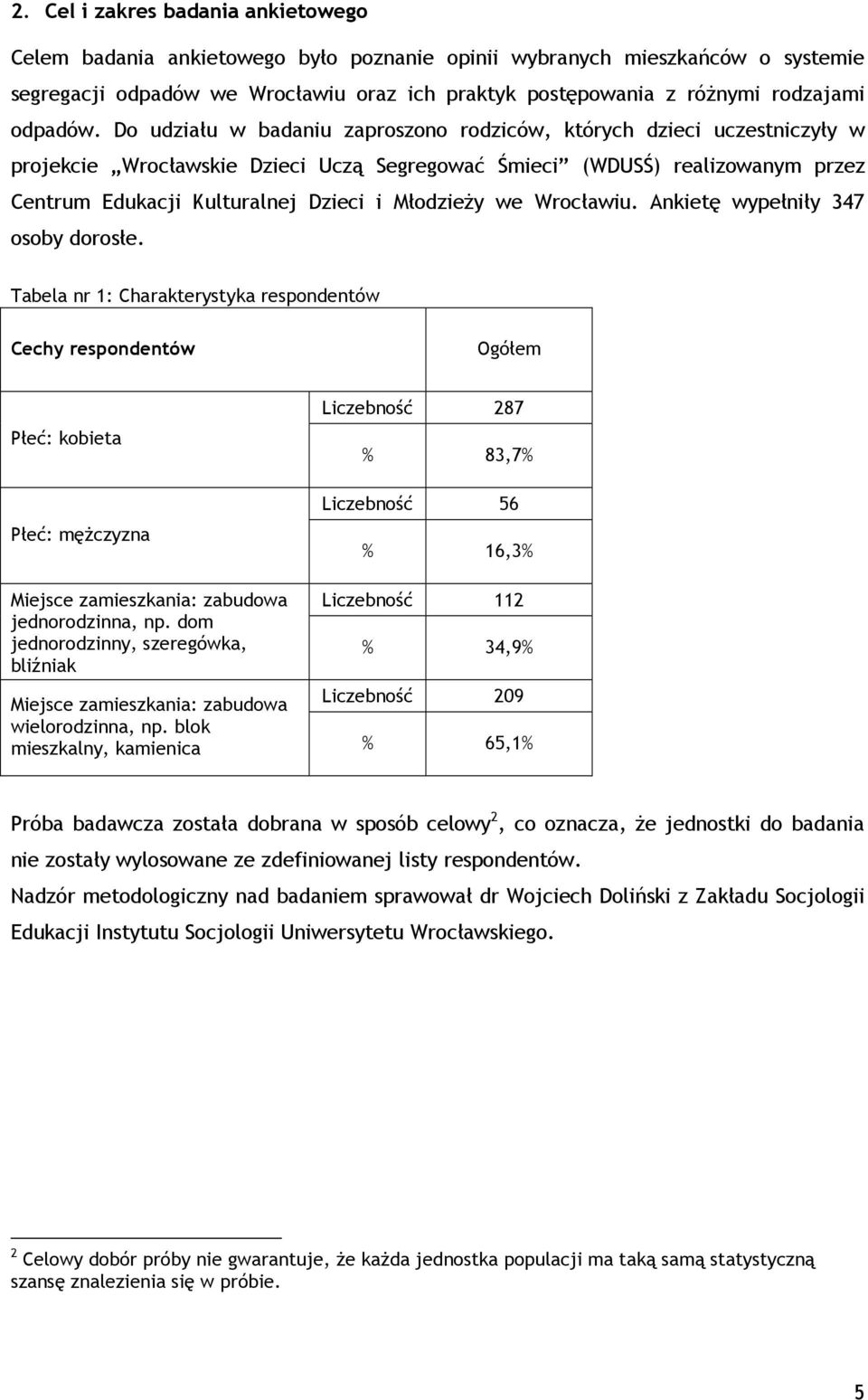 Do udziału w badaniu zaproszono rodziców, których dzieci uczestniczyły w projekcie Wrocławskie Dzieci Uczą Segregować Śmieci (WDUSŚ) realizowanym przez Centrum Edukacji Kulturalnej Dzieci i Młodzieży