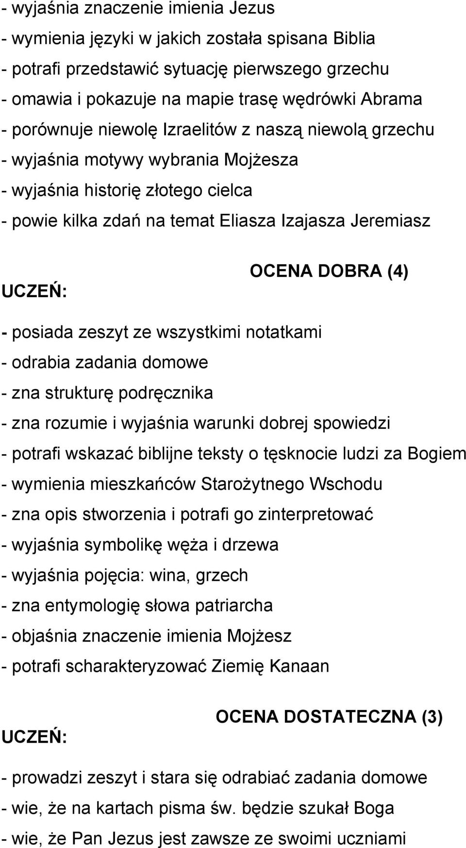 zeszyt ze wszystkimi notatkami - zna strukturę podręcznika - zna rozumie i wyjaśnia warunki dobrej spowiedzi - potrafi wskazać biblijne teksty o tęsknocie ludzi za Bogiem - wymienia mieszkańców