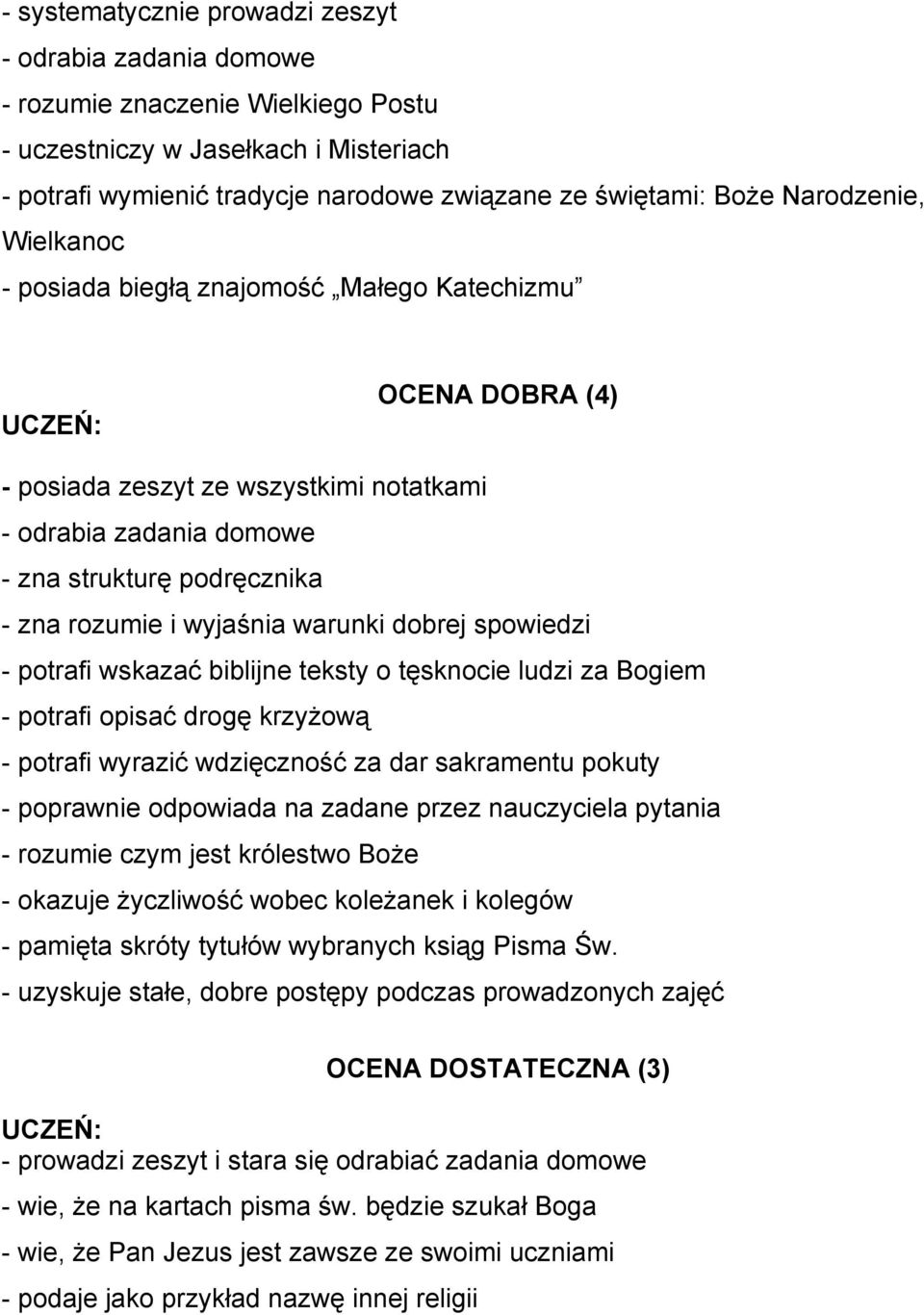 biblijne teksty o tęsknocie ludzi za Bogiem - potrafi opisać drogę krzyŝową - potrafi wyrazić wdzięczność za dar sakramentu pokuty - poprawnie odpowiada na zadane przez nauczyciela pytania - rozumie