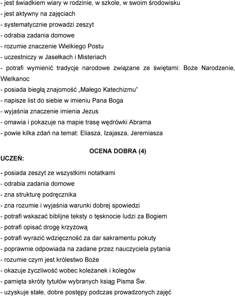 imienia Jezus - omawia i pokazuje na mapie trasę wędrówki Abrama - powie kilka zdań na temat: Eliasza, Izajasza, Jeremiasza OCENA DOBRA (4) - posiada zeszyt ze wszystkimi notatkami - zna strukturę