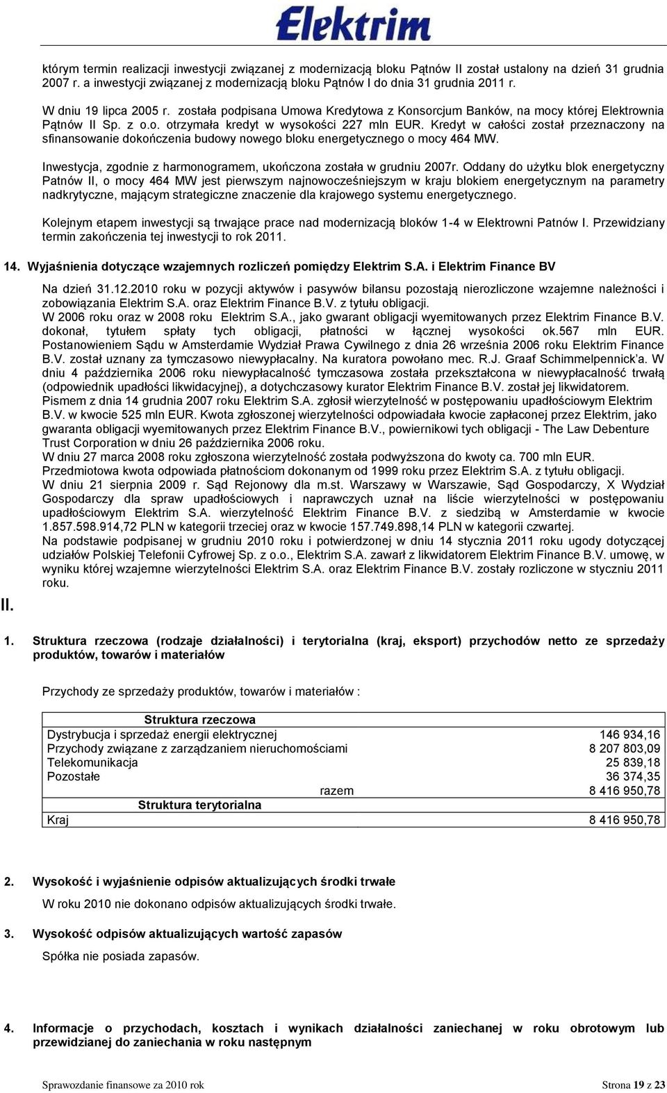 Kredyt w całości został przeznaczony na sfinansowanie dokończenia budowy nowego bloku energetycznego o mocy 464 MW. Inwestycja, zgodnie z harmonogramem, ukończona została w grudniu 2007r.