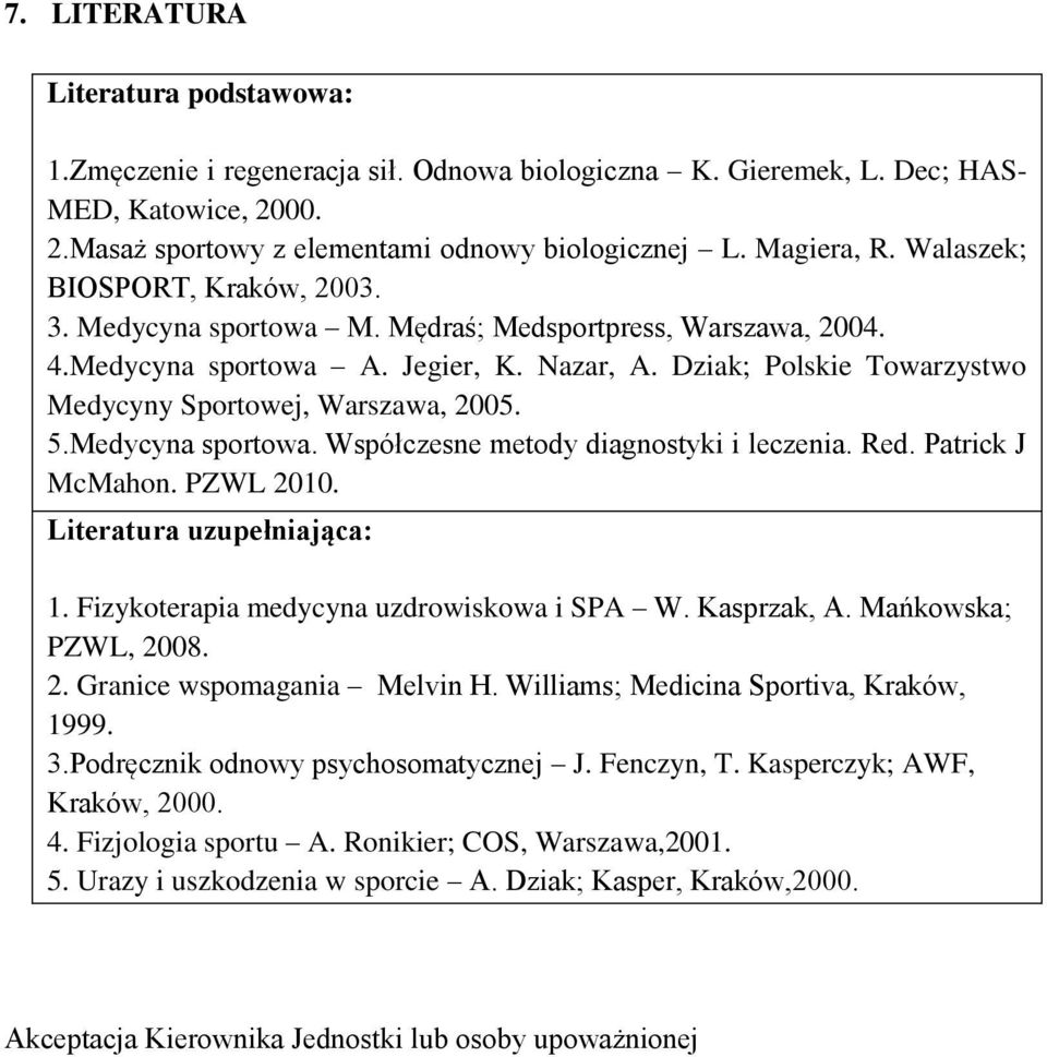 Dziak; Polskie Towarzystwo Medycyny Sportowej, Warszawa, 2005. 5.Medycyna sportowa. Współczesne metody diagnostyki i leczenia. Red. Patrick J McMahon. PZWL 2010. Literatura uzupełniająca: 1.