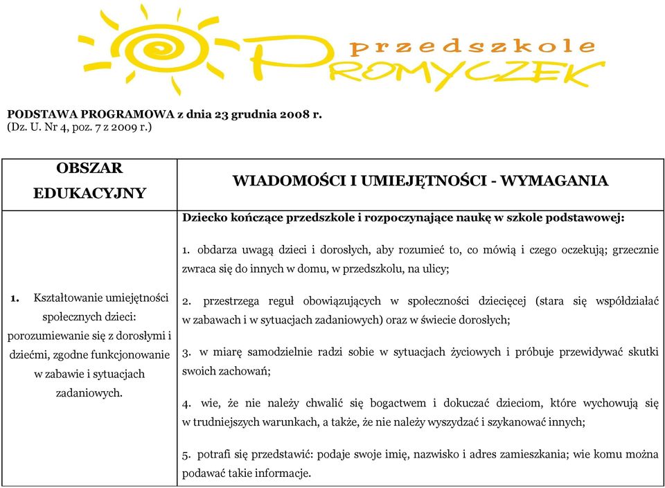 Kształtowanie umiejętności społecznych dzieci: porozumiewanie się z dorosłymi i dziećmi, zgodne funkcjonowanie w zabawie i sytuacjach zadaniowych. 2.