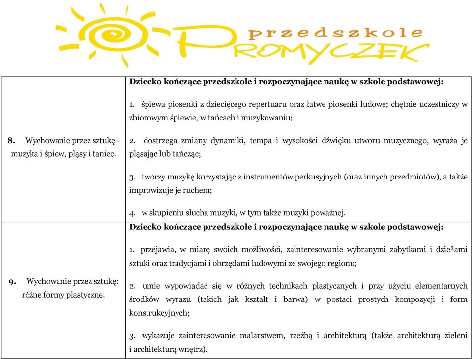 tworzy muzykę korzystając z instrumentów perkusyjnych (oraz innych przedmiotów), a także improwizuje je ruchem; 4. w skupieniu słucha muzyki, w tym także muzyki poważnej. 1.