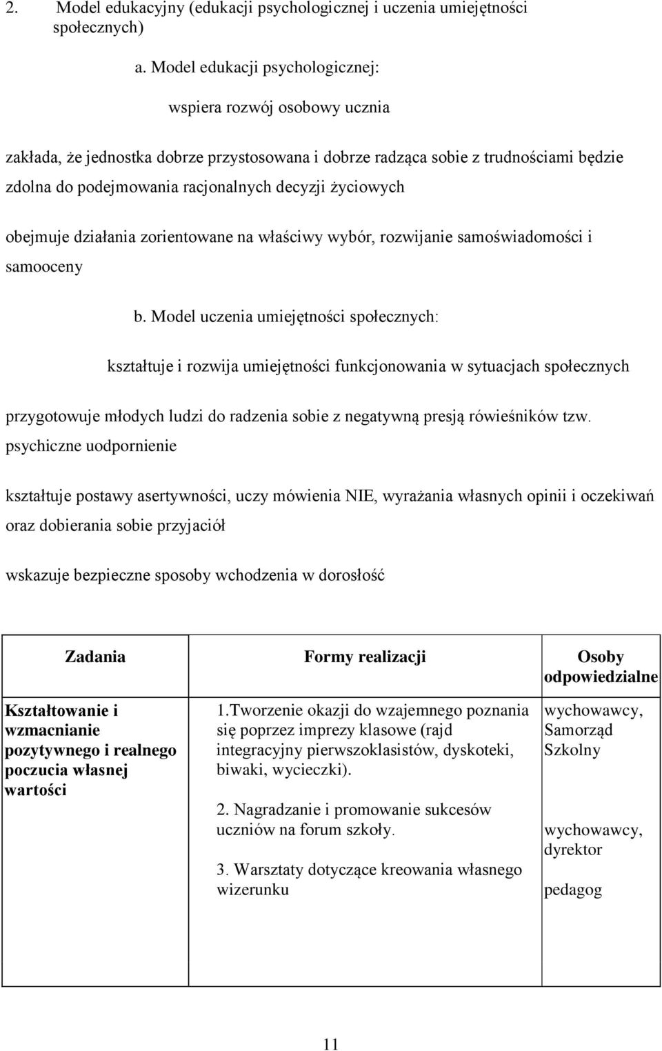 działania zrientwane na właściwy wybór, rzwijanie samświadmści i samceny b.