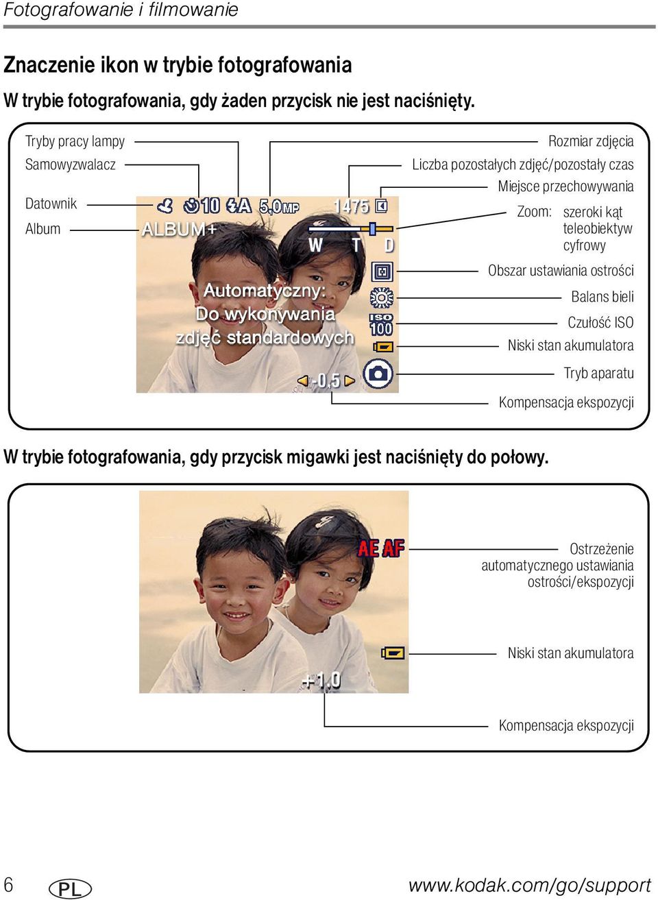 teleobiektyw cyfrowy Obszar ustawiania ostrości Balans bieli Czułość ISO Niski stan akumulatora Tryb aparatu Kompensacja ekspozycji W trybie