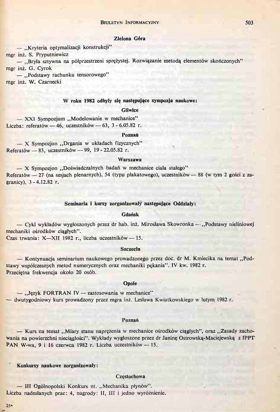 Czarnecki W roku 1982 odbyły się nastę pująe c sympozja naukowe: Gliwice XXI Sympozjum Modelowanie w mechanice" Liczba: referatów 46, uczestników 63, 3 6.05.82 r.