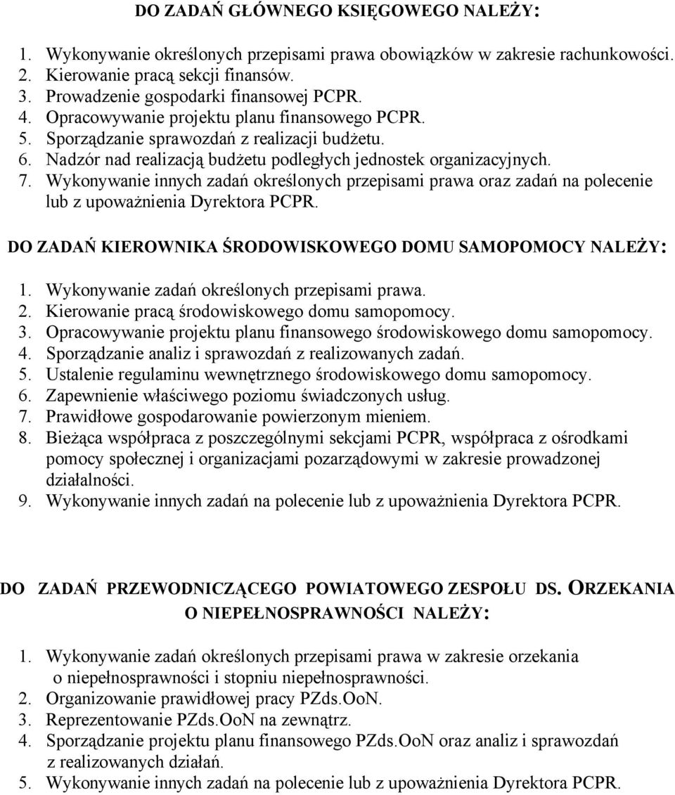 Wykonywanie innych zadań określonych przepisami prawa oraz zadań na polecenie lub z upoważnienia Dyrektora PCPR. DO ZADAŃ KIEROWNIKA ŚRODOWISKOWEGO DOMU SAMOPOMOCY NALEŻY: 1.