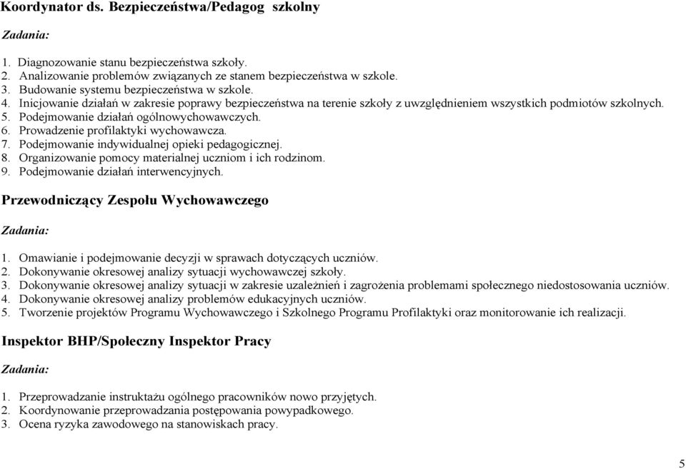 Podejmowanie działań ogólnowychowawczych. 6. Prowadzenie profilaktyki wychowawcza. 7. Podejmowanie indywidualnej opieki pedagogicznej. 8. Organizowanie pomocy materialnej uczniom i ich rodzinom. 9.