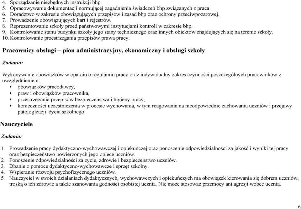 Reprezentowanie szkoły przed państwowymi instytucjami kontroli w zakresie bhp. 9. Kontrolowanie stanu budynku szkoły jego stany technicznego oraz innych obiektów znajdujących się na terenie szkoły.