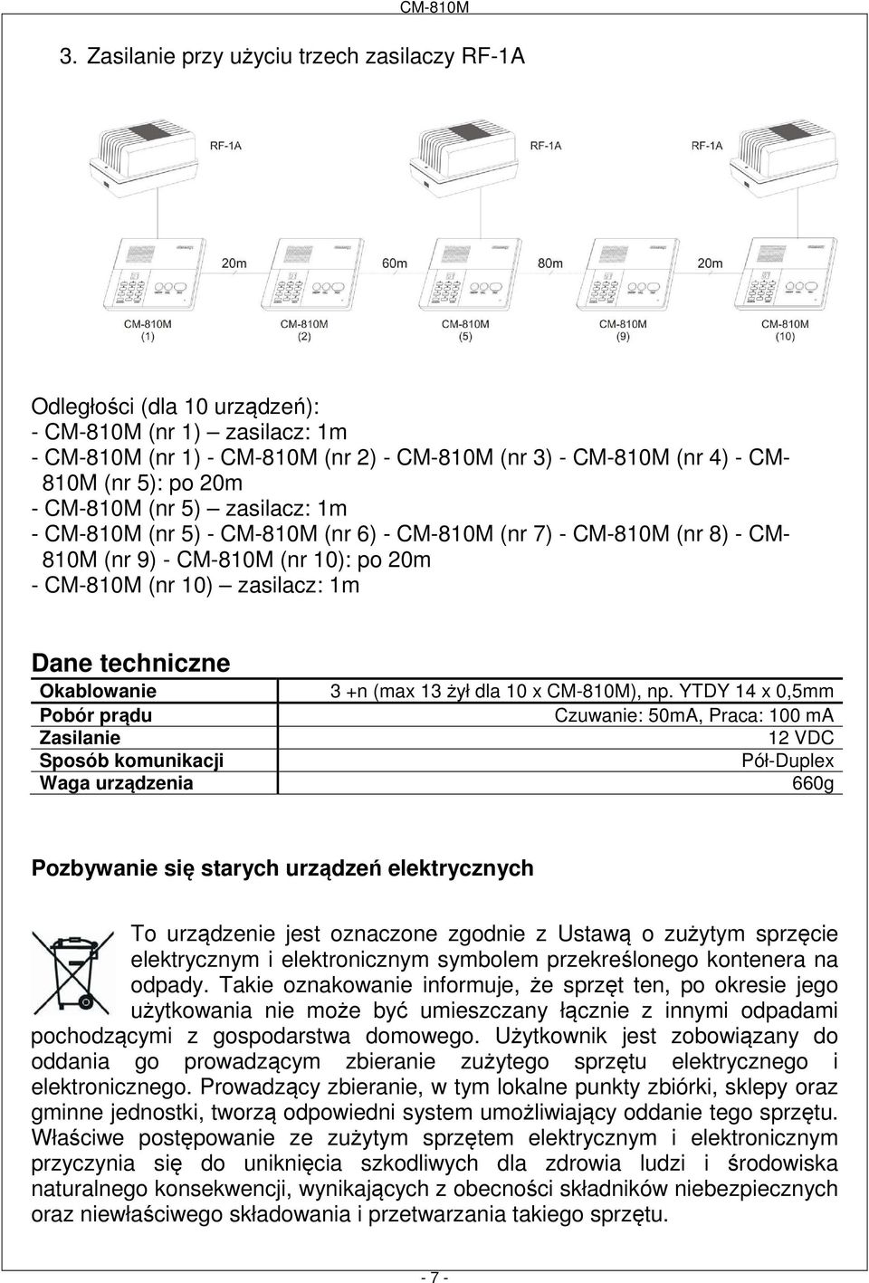 Okablowanie Pobór prądu Zasilanie Sposób komunikacji Waga urządzenia 3 +n (max 13 żył dla 10 x CM-810M), np.