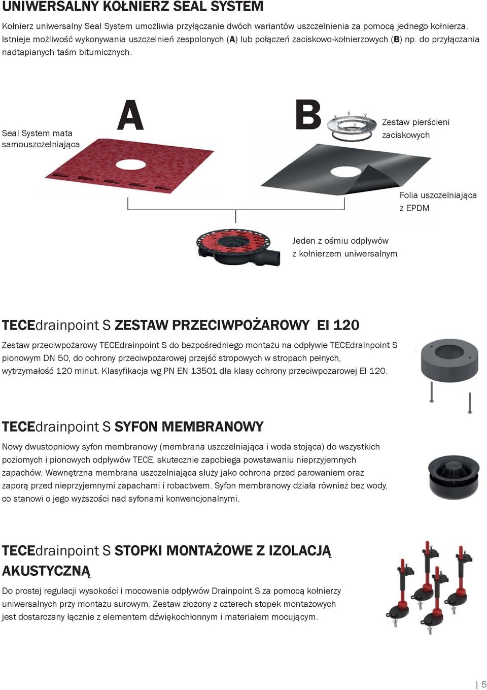 Seal System mata samouszczelniająca A B Zestaw pierścieni zaciskowych Folia uszczelniająca z EPDM Jeden z ośmiu odpływów z kołnierzem uniwersalnym TECEdrainpoint S ZESTAW PRZECIWPOŻAROWY EI 120