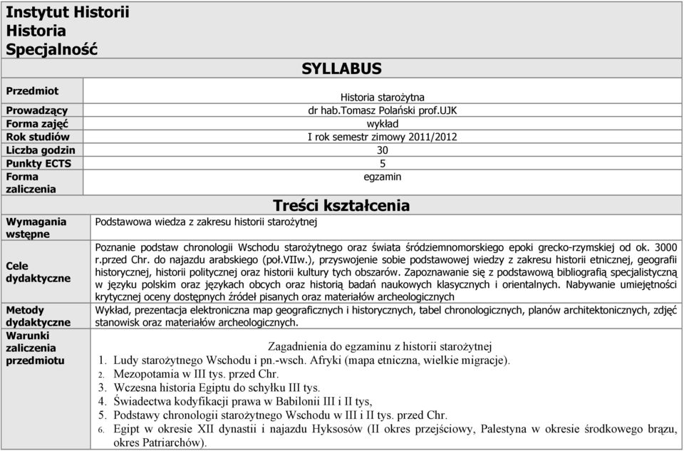 przedmiotu Podstawowa wiedza z zakresu historii starożytnej Treści kształcenia Poznanie podstaw chronologii Wschodu starożytnego oraz świata śródziemnomorskiego epoki grecko-rzymskiej od ok. 3000 r.