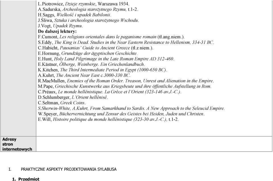 Habicht, Pausanias Guide to Ancient Greece (tł.z niem.). E.Hornung, Grundzüge der ägyptischen Geschichte. E.Hunt, Holy Land Pilgrimage in the Late Roman Empire AD 312-460. E.Kästner, Ölberge, Weinberge.