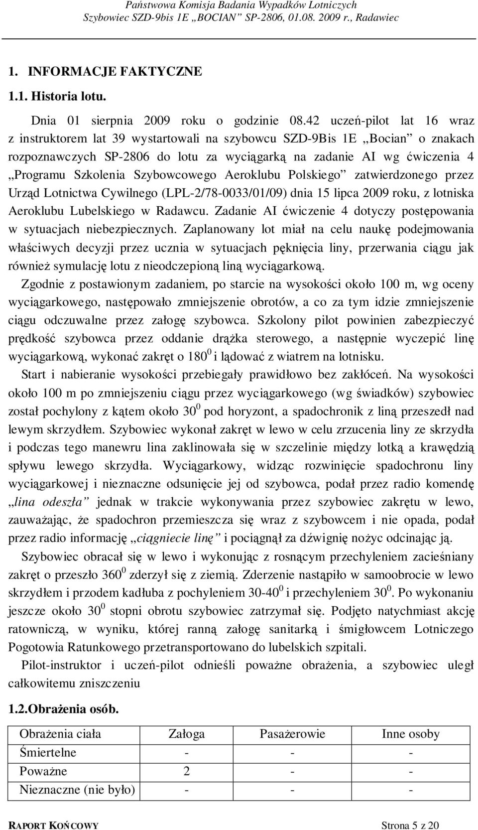 Szybowcowego Aeroklubu Polskiego zatwierdzonego przez Urząd Lotnictwa Cywilnego (LPL-2/78-0033/01/09) dnia 15 lipca 2009 roku, z lotniska Aeroklubu Lubelskiego w Radawcu.