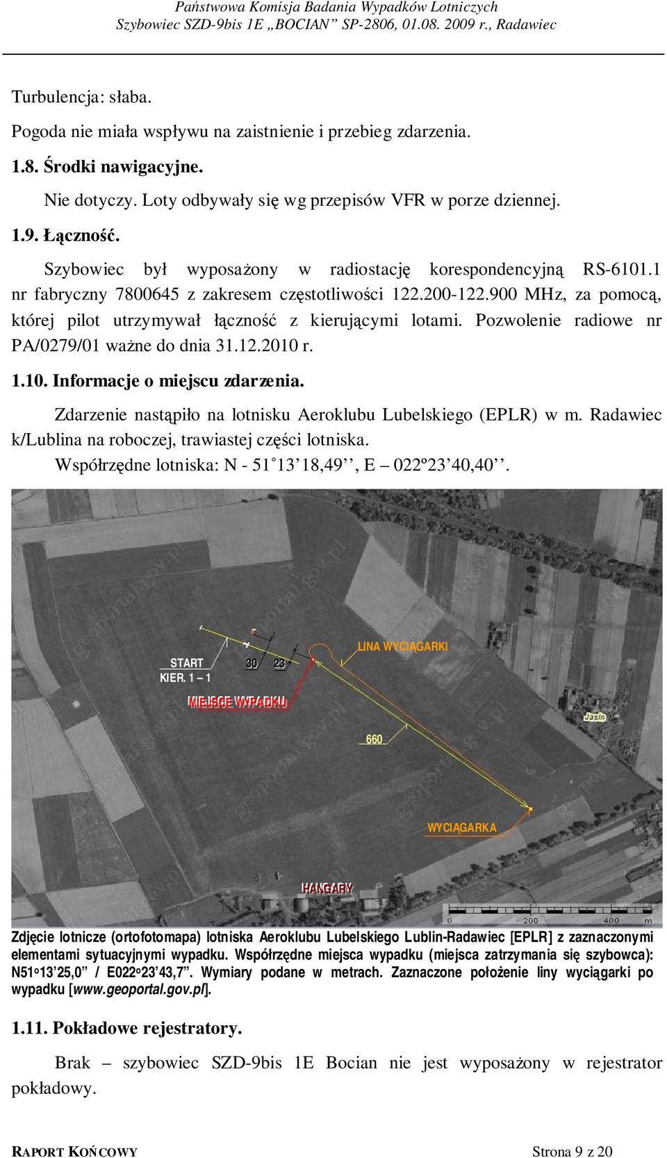 Pozwolenie radiowe nr PA/0279/01 ważne do dnia 31.12.2010 r. 1.10. Informacje o miejscu zdarzenia. Zdarzenie nastąpiło na lotnisku Aeroklubu Lubelskiego (EPLR) w m.