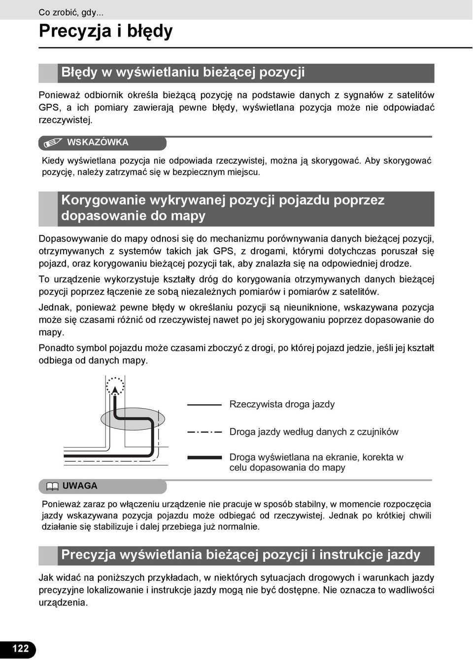 Korygowanie wykrywanej pozycji pojazdu poprzez dopasowanie do mapy Dopasowywanie do mapy odnosi się do mechanizmu porównywania danych bieżącej pozycji, otrzymywanych z systemów takich jak GPS, z