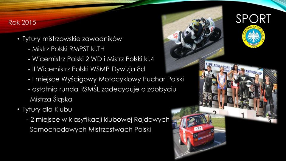 4 - II Wicemistrz Polski WSMP Dywizja 8d - I miejsce Wyścigowy Motocyklowy Puchar Polski -