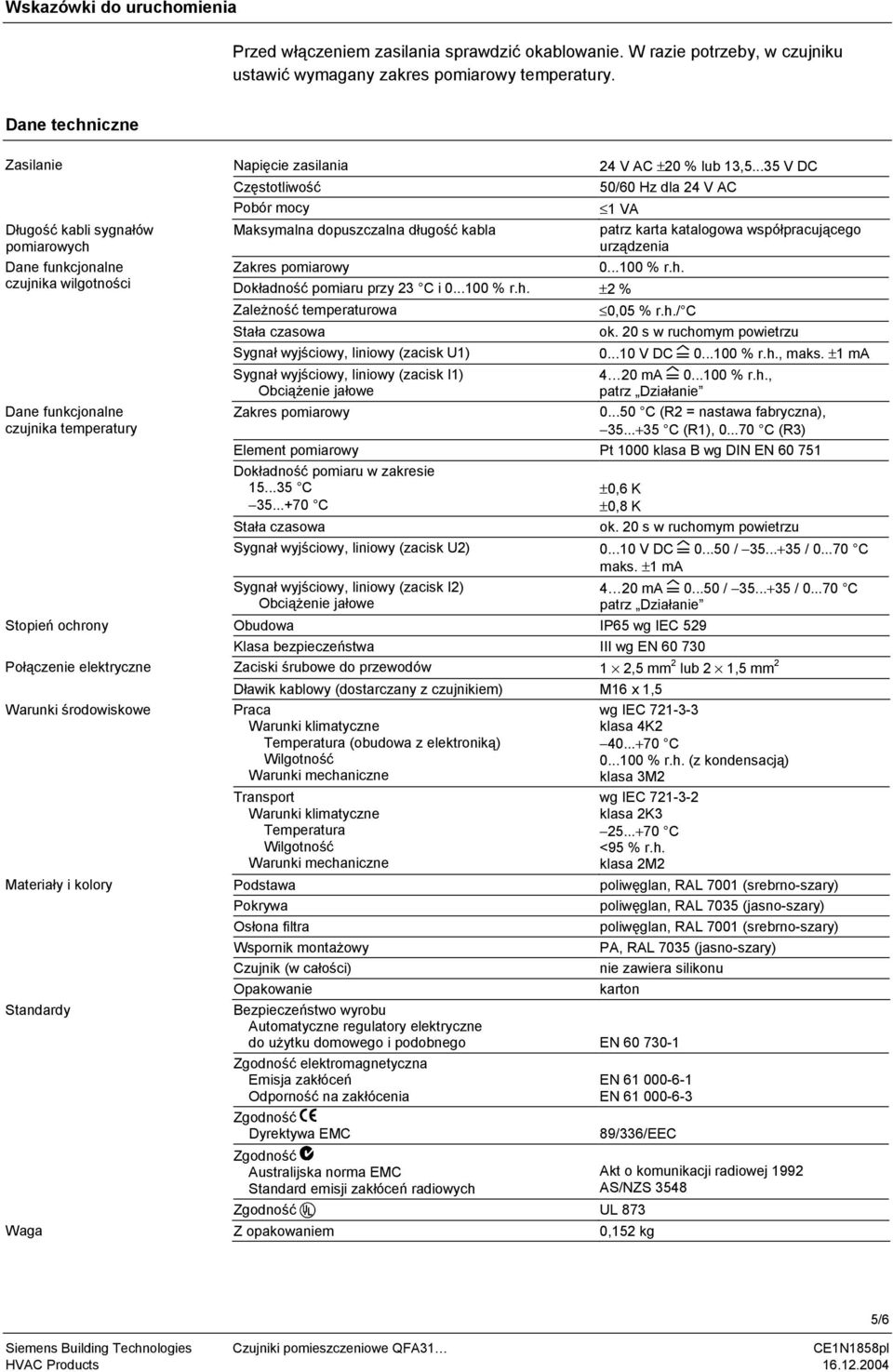 Materiały i kolory Standardy Waga Napięcie zasilania Częstotliwość Pobór mocy Maksymalna dopuszczalna długość kabla Zakres pomiarowy 0...100 % r.h. Dokładność pomiaru przy 23 C i 0...100 % r.h. ±2 % Zależność temperaturowa 24 V AC ±20 % lub 13,5.