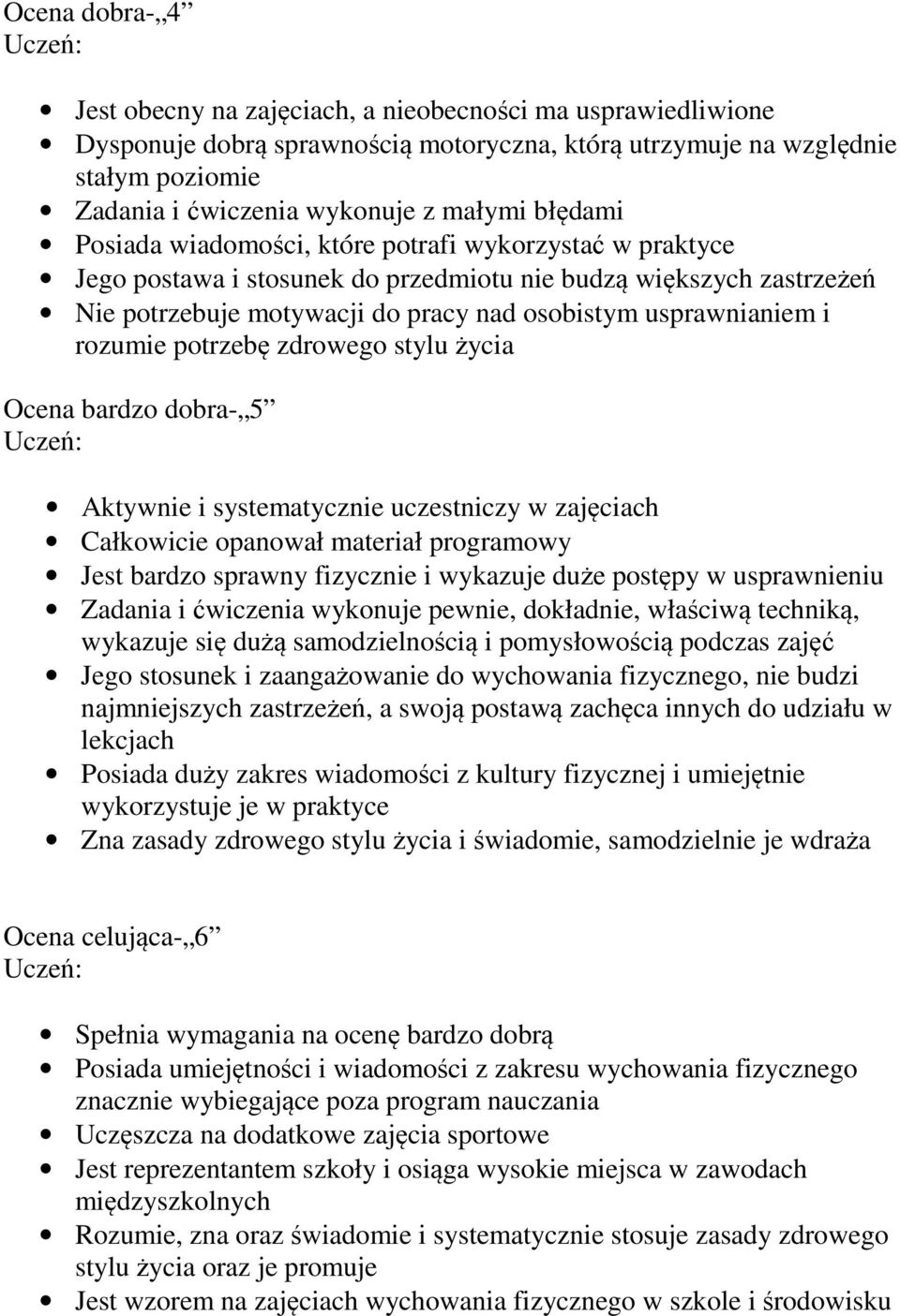 usprawnianiem i rozumie potrzebę zdrowego stylu życia Ocena bardzo dobra- 5 Uczeń: Aktywnie i systematycznie uczestniczy w zajęciach Całkowicie opanował materiał programowy Jest bardzo sprawny