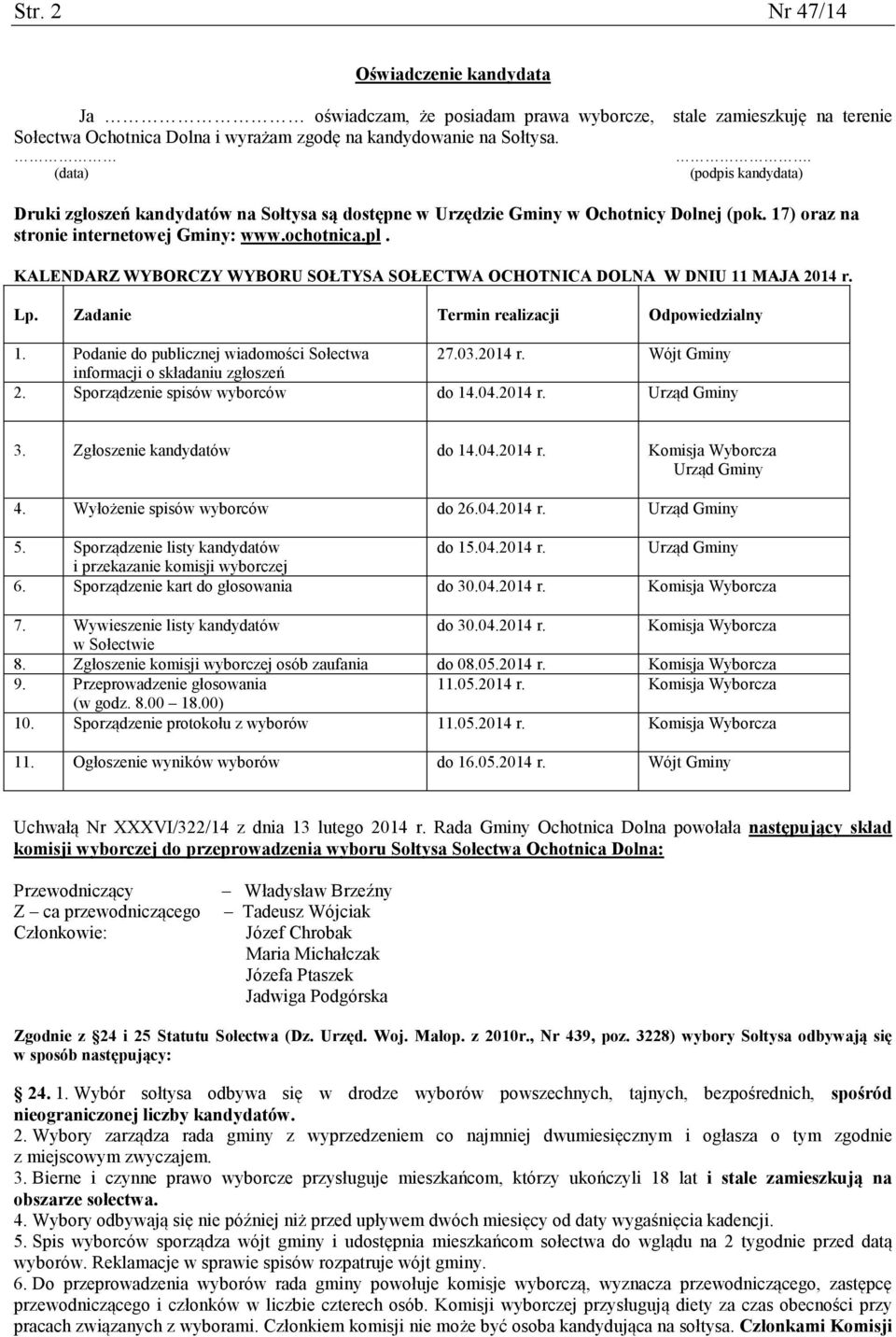 KALENDARZ WYBORCZY WYBORU SOŁTYSA SOŁECTWA OCHOTNICA DOLNA W DNIU 11 MAJA 2014 r. Lp. Zadanie Termin realizacji Odpowiedzialny 1. Podanie do publicznej wiadomości Sołectwa 27.03.2014 r. Wójt Gminy informacji o składaniu zgłoszeń 2.